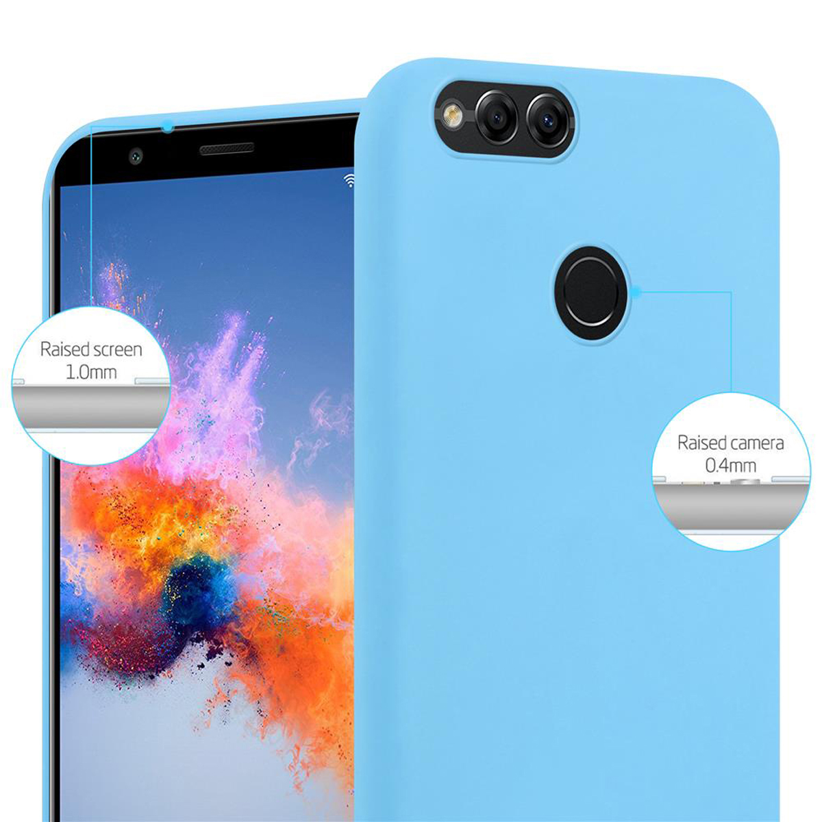 Custodia per telefono blu e testo che dice, schermo rialzato, fotocamera rialzata.