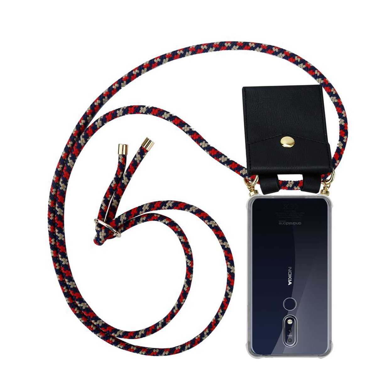 Telefon mit Lanyard. Schwarzes Gehäuse mit rot-blauem Seil. Weißer Hintergrund.