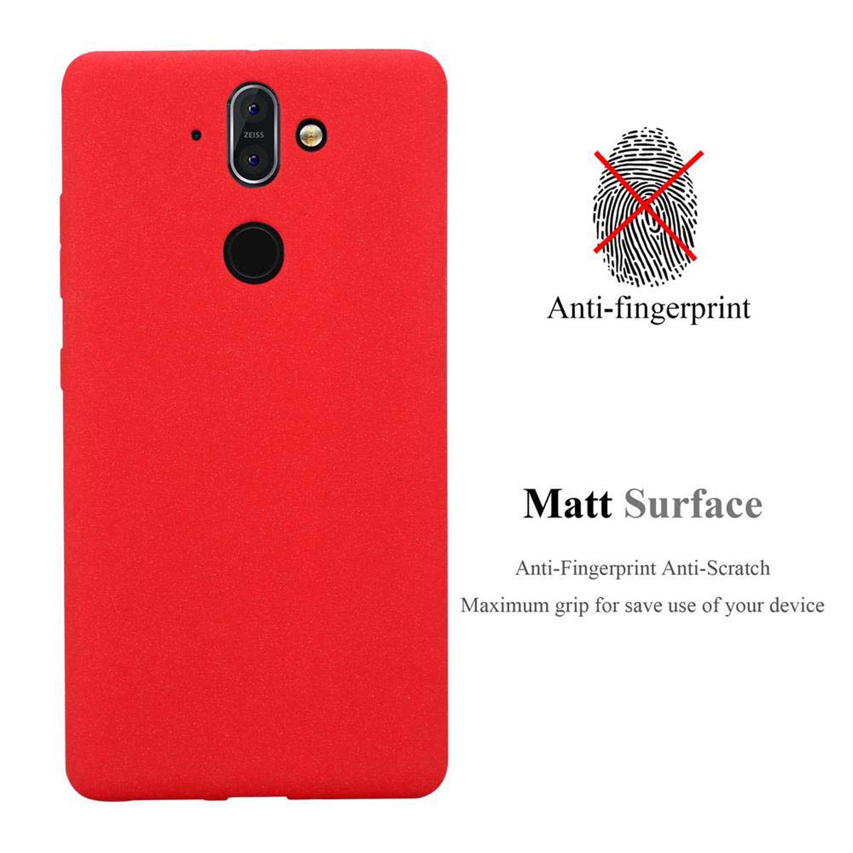 Custodia rossa per telefono con simbolo di impronta digitale. Testo 'Anti-impronta' e 'Superficie opaca'.