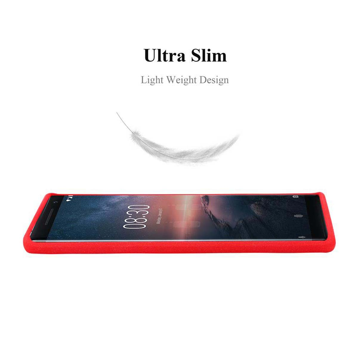 Custodia per telefono rossa, piuma bianca e testo 'Ultra Slim, Light Weight Design' su sfondo bianco.