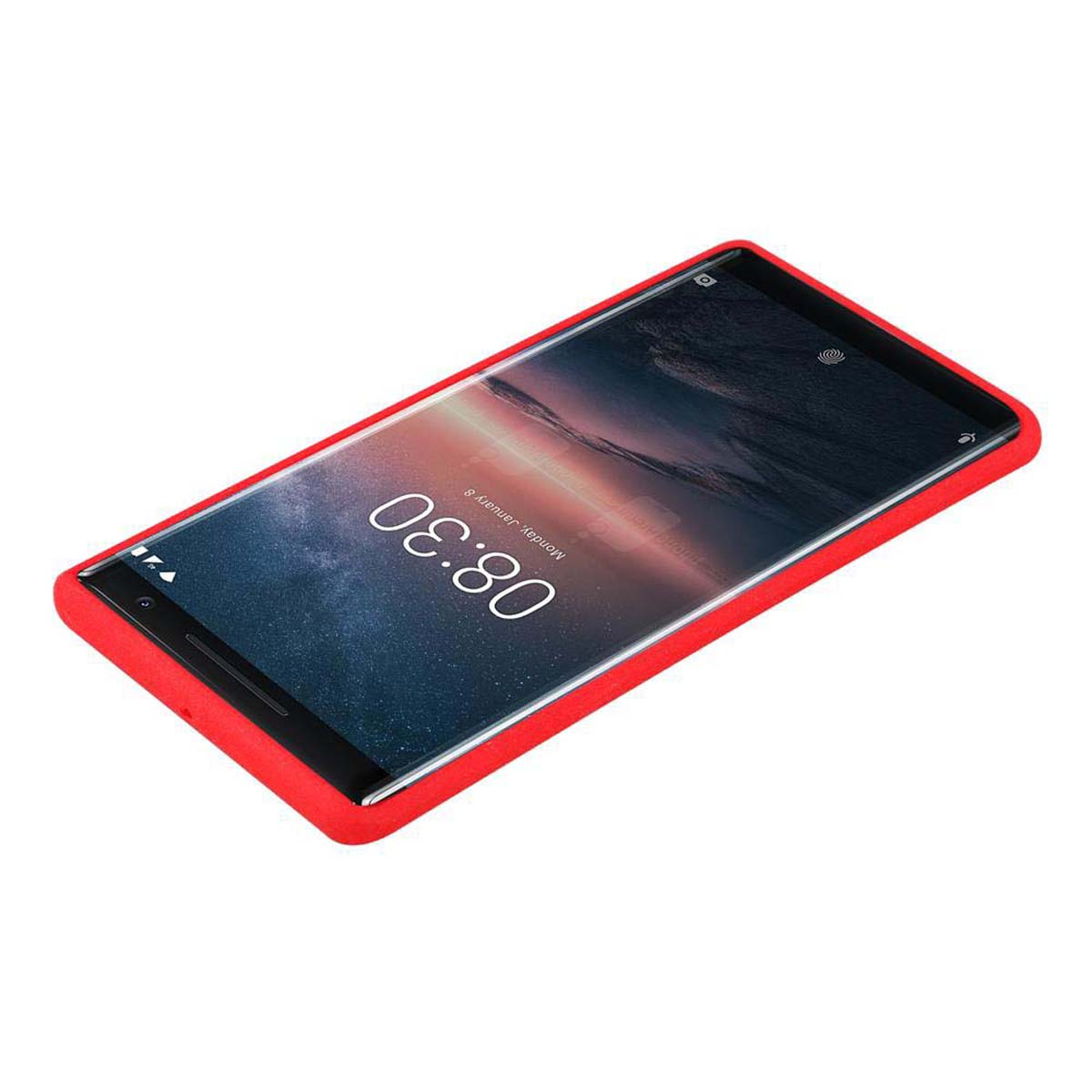 Telefono in una custodia rossa che mostra l'ora. L'ora è 08:30.