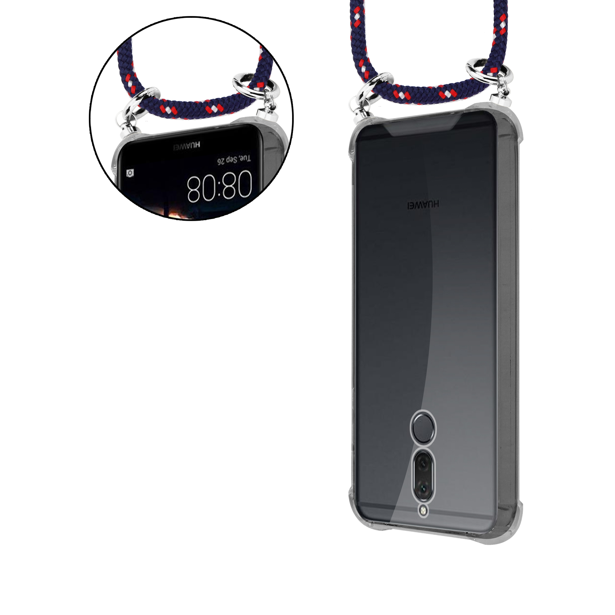 Ein Telefon in einem Gehäuse mit einem blau-roten Riemen. Das Telefon zeigt das Wort HUAWEI an.