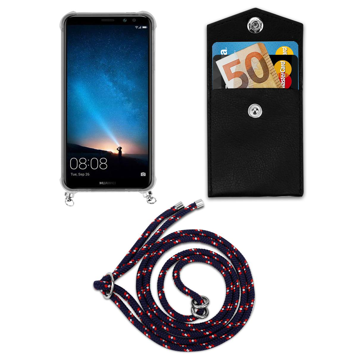 Telefon mit Hülle und Band. Schwarze Hülle mit Geld und Karten. Huawei im Display.