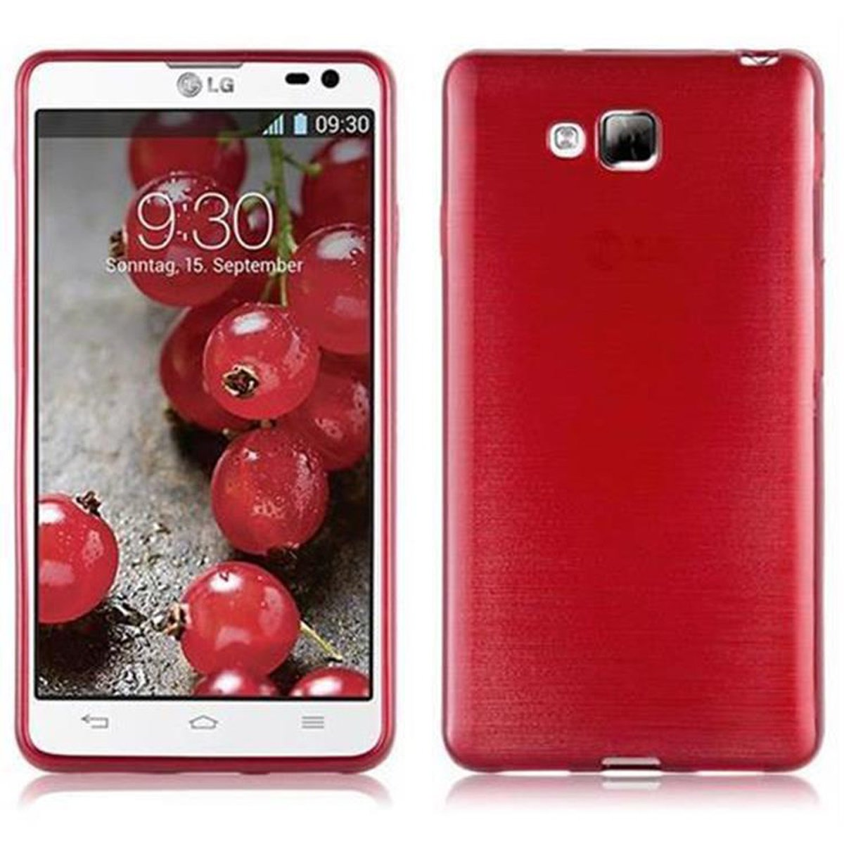 Un teléfono rojo con bayas rojas en la pantalla. La parte trasera también es roja.