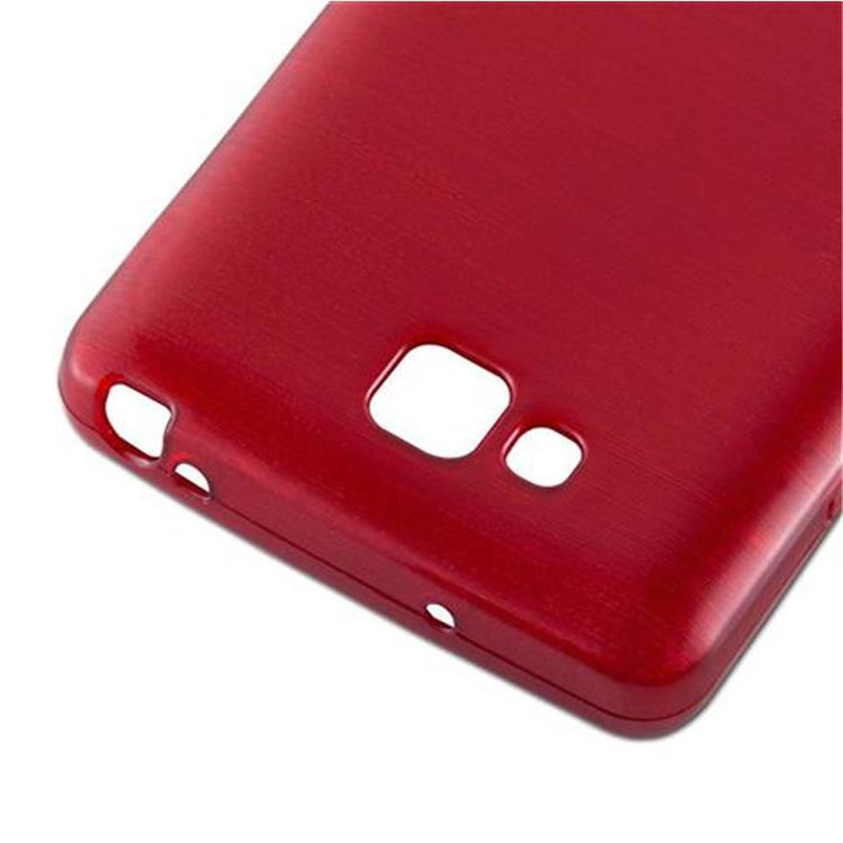 Una funda roja para teléfono con recortes para la cámara y los puertos, sobre un fondo blanco.