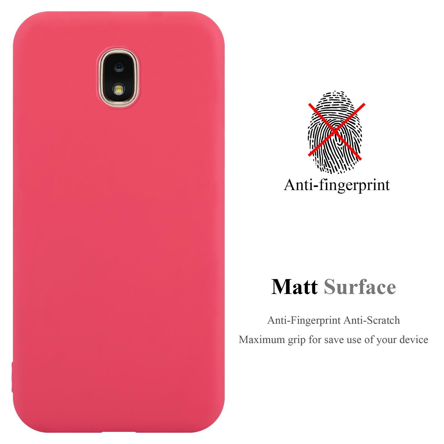Custodia rosa per telefono. Testo anti-impronte e superficie opaca su sfondo bianco.