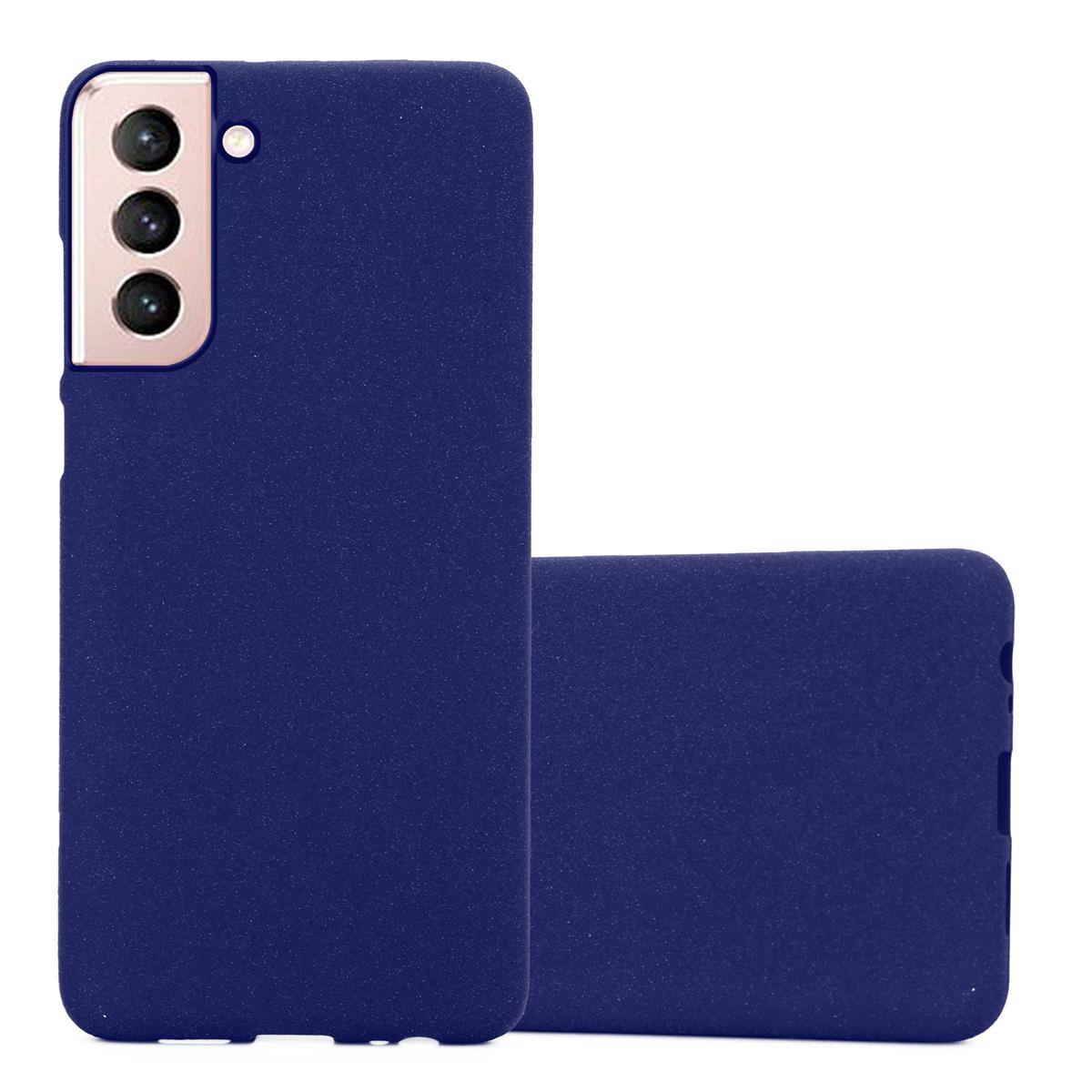 Zwei blaue Handyhüllen, eine mit Kamera, die andere die Rückseite.