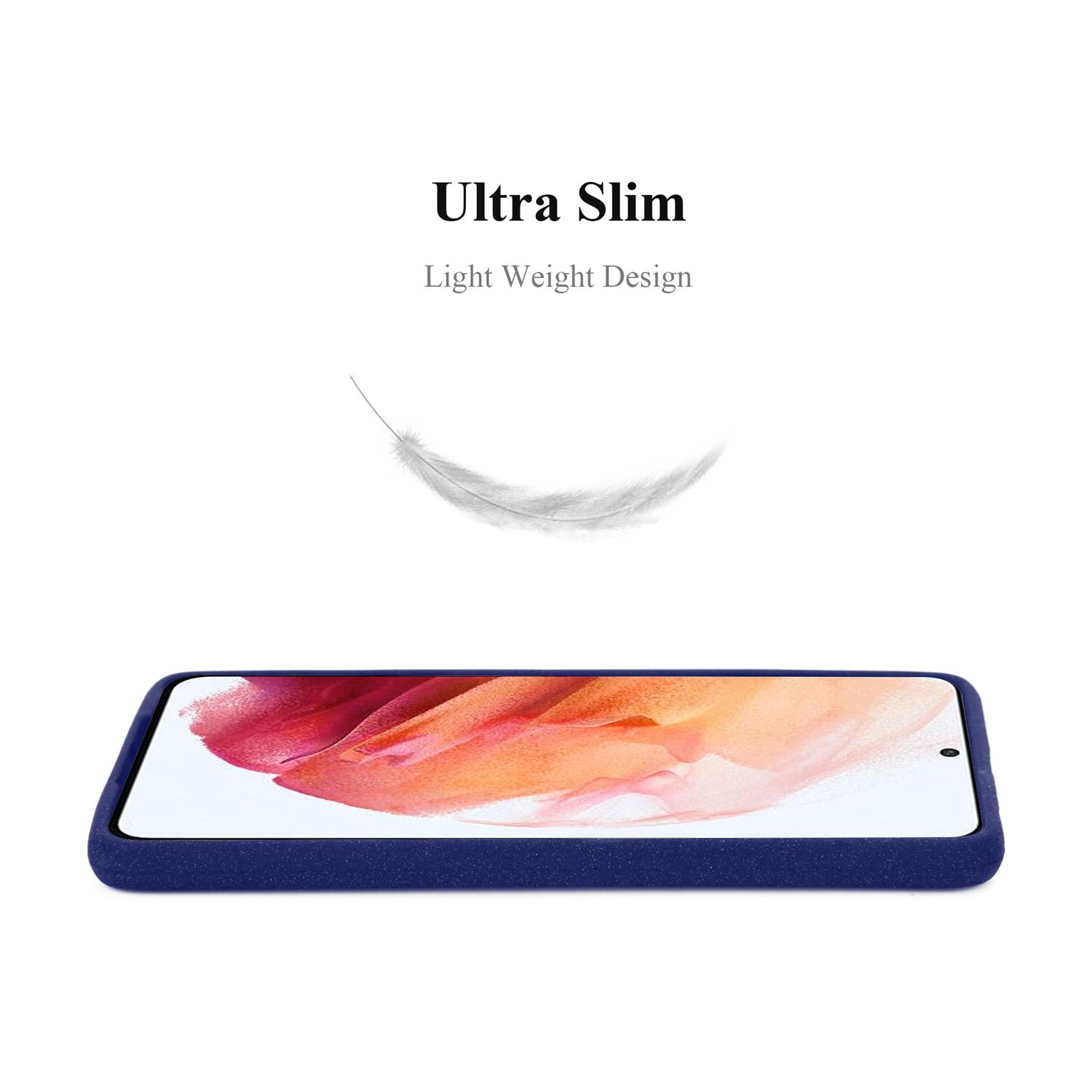 Ein Telefon in einer dunkelblauen Hülle. Eine Feder schwebt darüber. Text sagt 'Ultra Slim'.