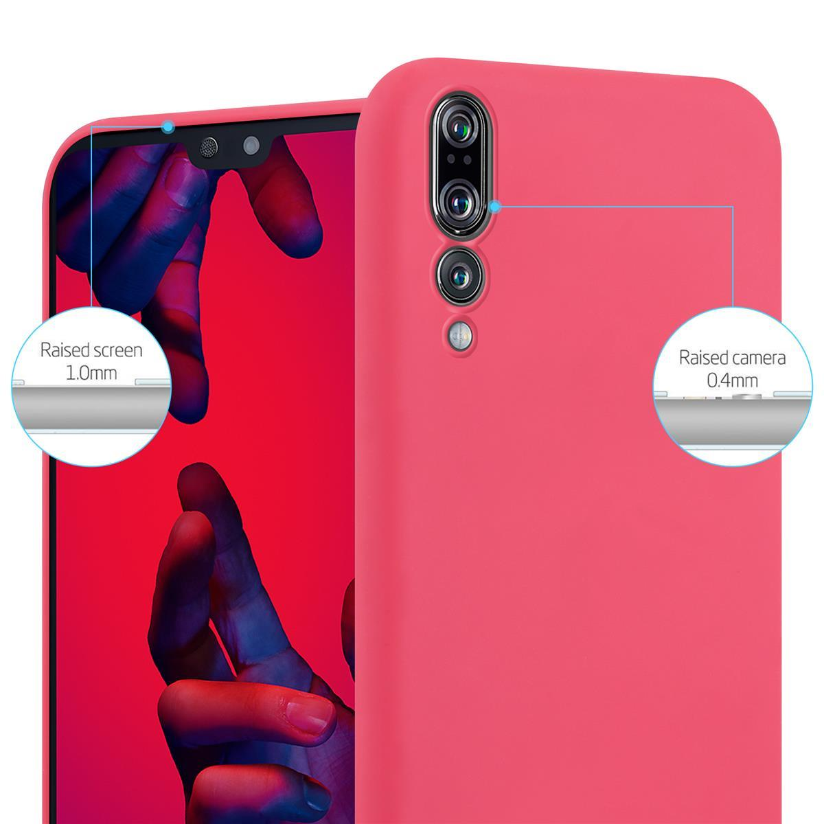 Ein rotes Telefon mit roter Hülle, das den Bildschirm und die erhöhten Kanten für Bildschirm und Kamera zeigt.