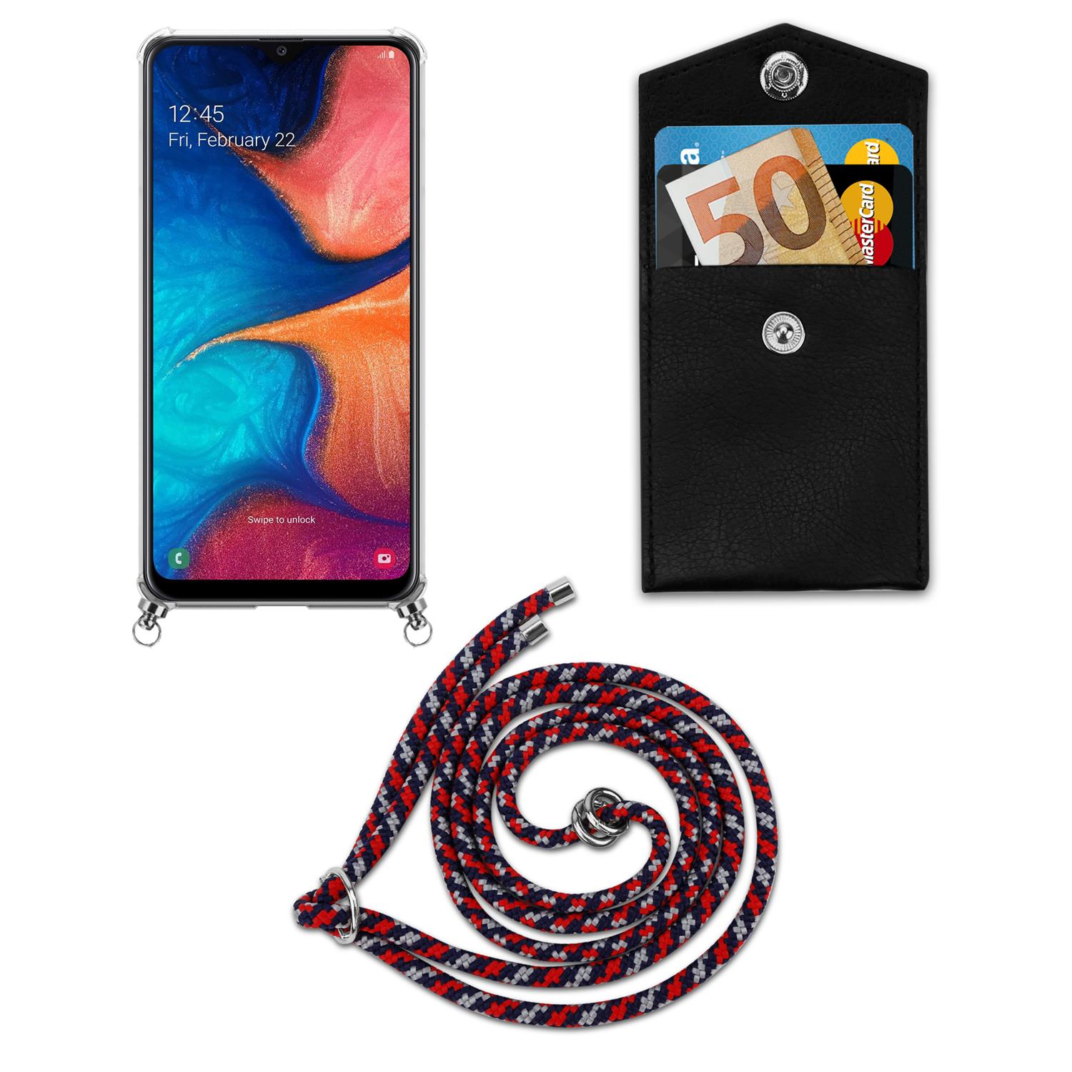 Smartphone, portafoglio in pelle nera con carte e un cinturino per telefono rosso e nero.