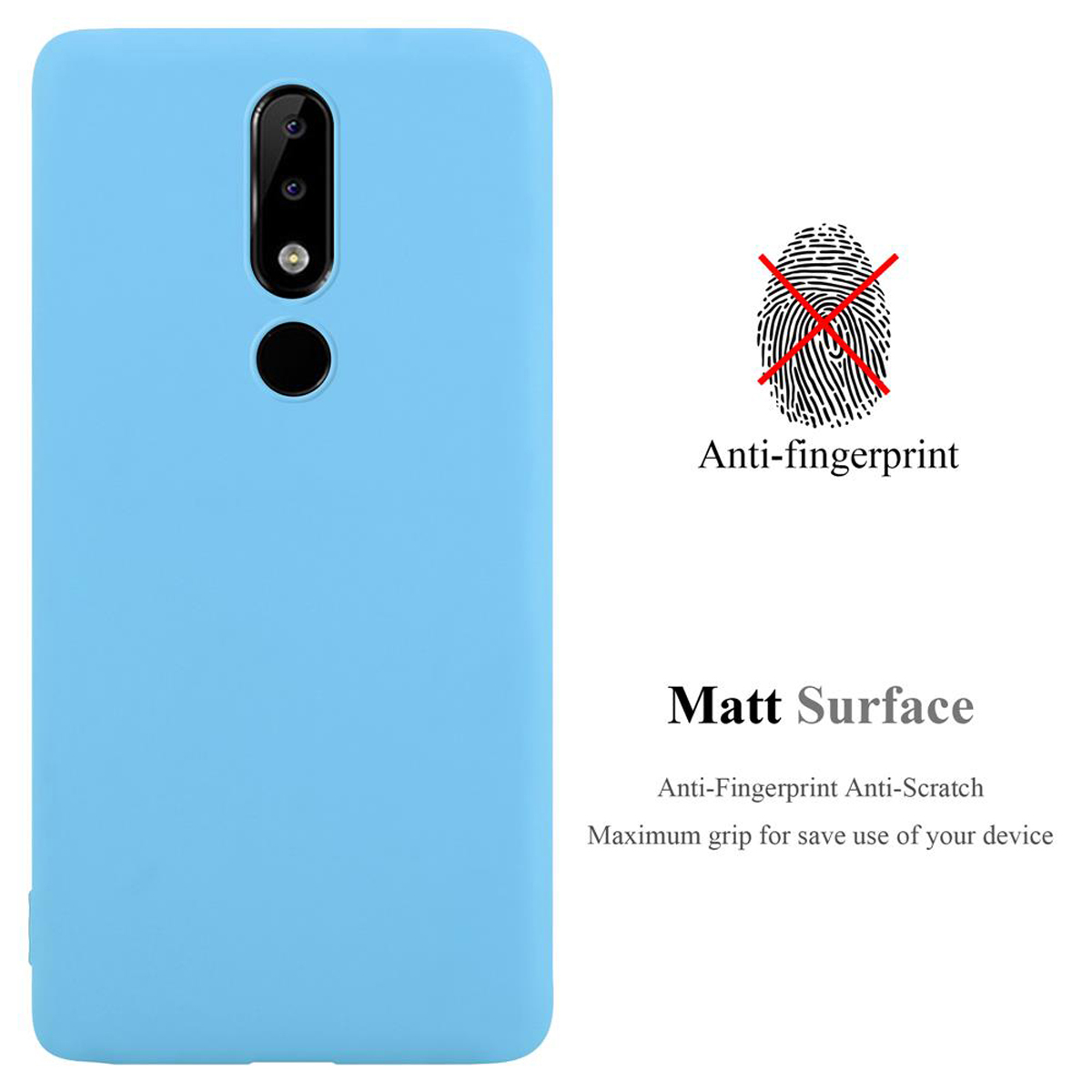 Hellblaue Handyhülle. Text sagt Anti-Fingerabdruck und matte Oberfläche. Ein Fingerabdruck ist durchgestrichen.