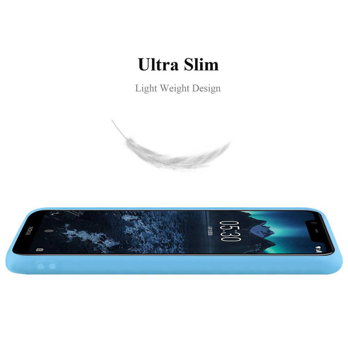 Eine hellblaue Handyhülle liegt horizontal. Eine Feder schwebt darüber. Der Text lautet Ultra Slim.