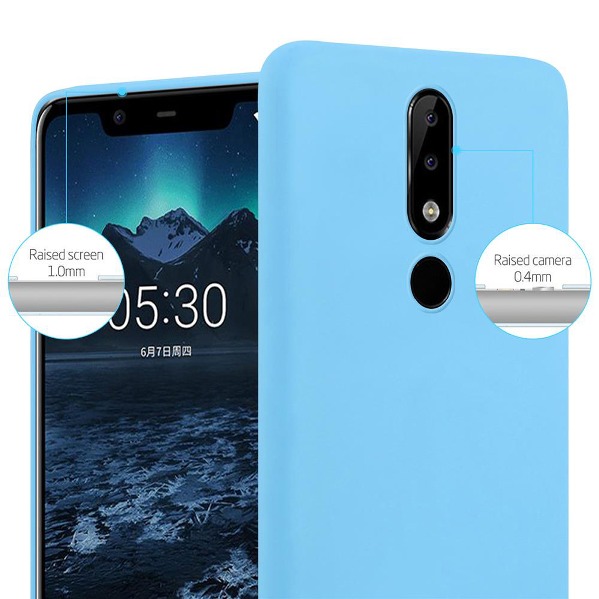 Hellblaue Handyhülle mit Telefon und Diagramm des erhöhten Bildschirms und der Kamera.