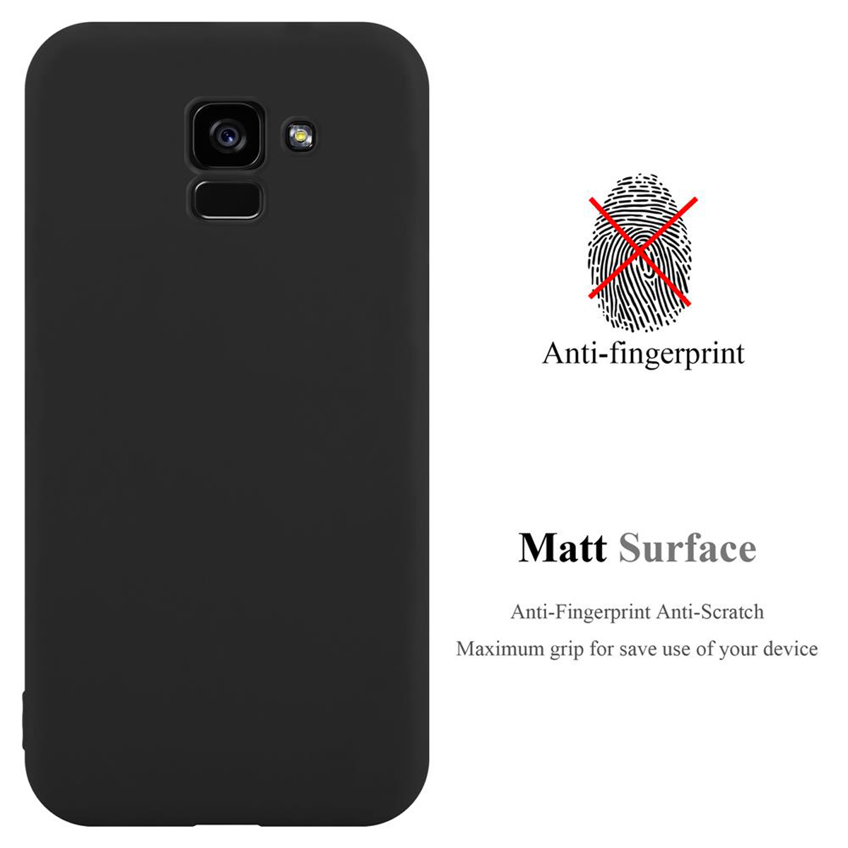 Schwarze Handyhülle mit Kamera und Blitz. Anti-Fingerabdruck und matte Oberfläche.