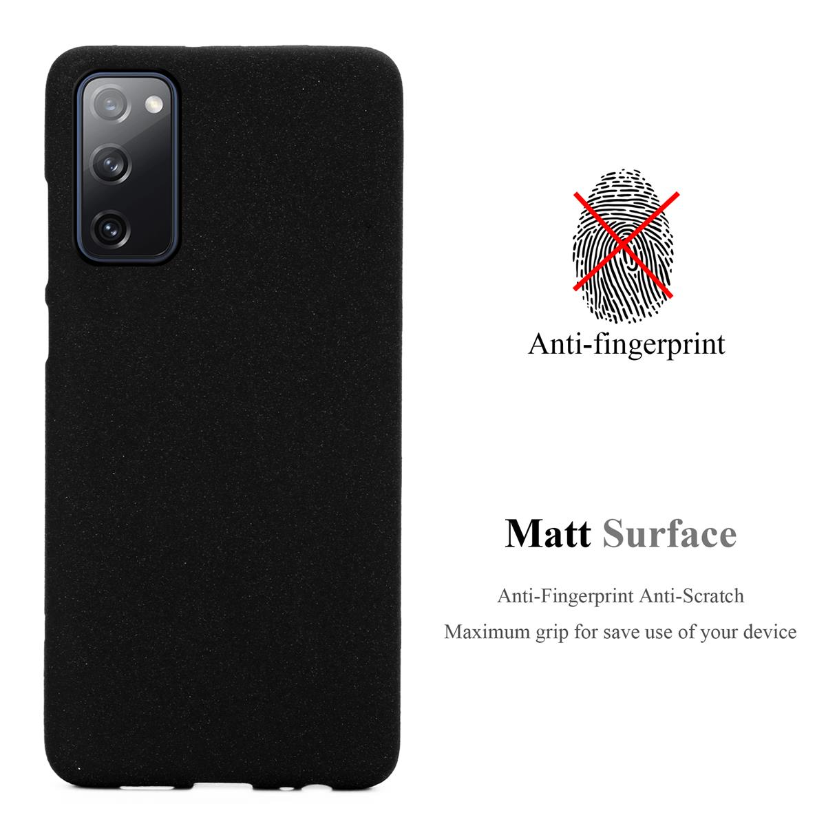 Custodia nera per telefono con superficie opaca e funzione anti-impronta. Simbolo dell'impronta digitale rosso sbarrato.