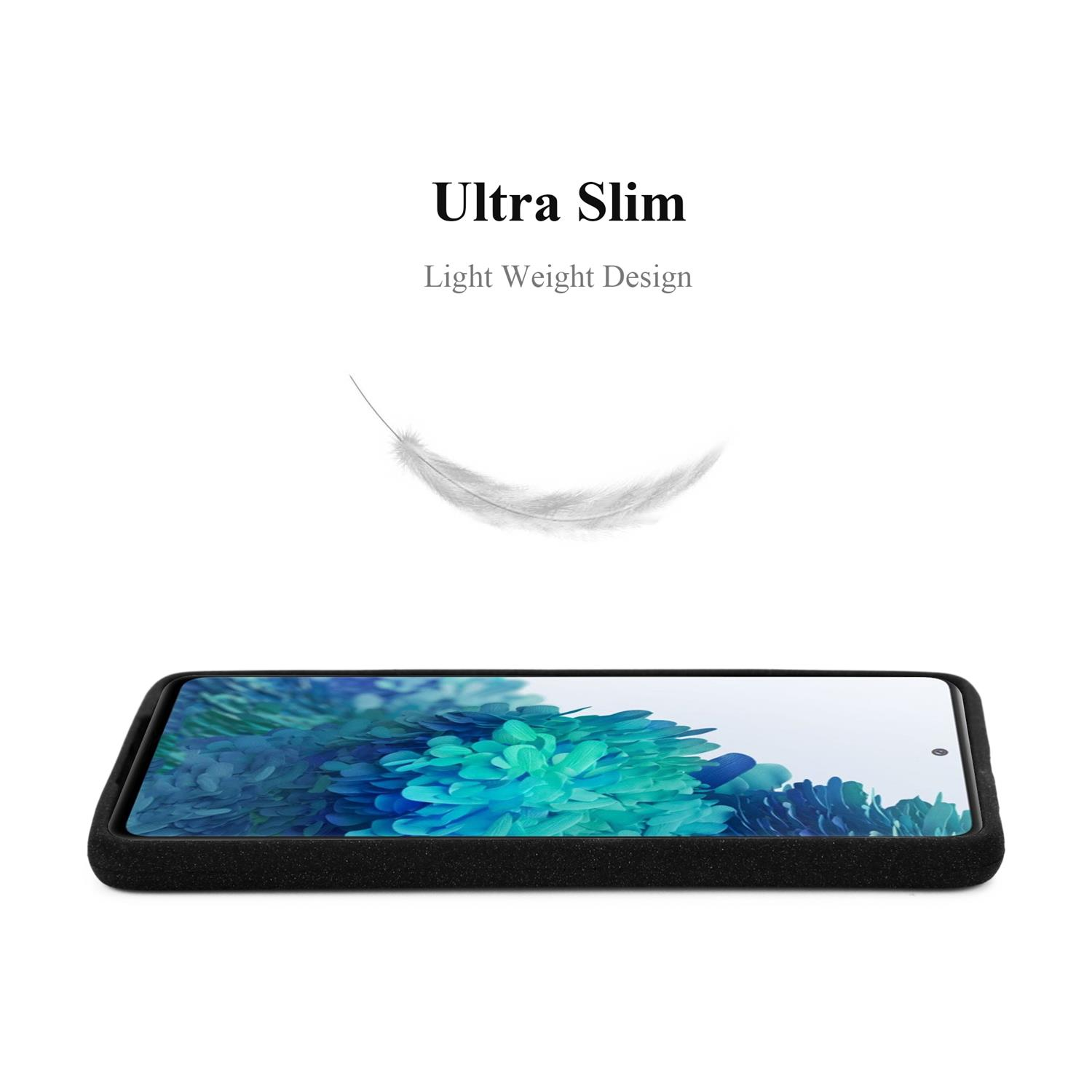 Una custodia nera sottile con un design leggero, con una piuma che fluttua sopra.