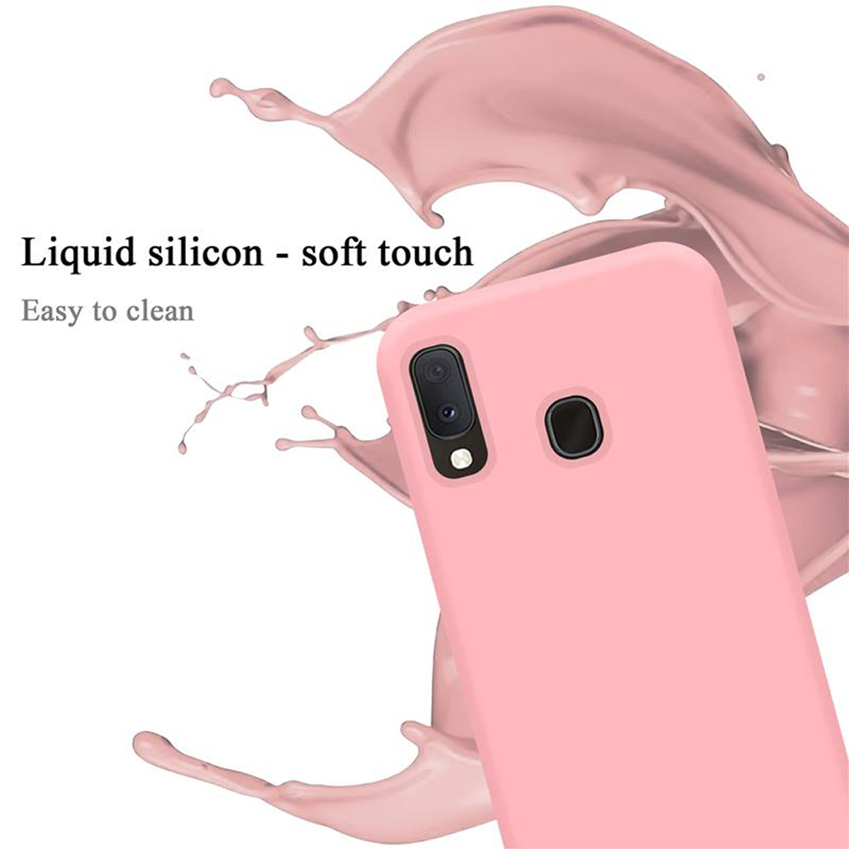 Rosa Handyhülle mit rosa Flüssigkeitsspritzeffekt. Das Telefon hat einen Kameraausschnitt. Einfach zu reinigen.