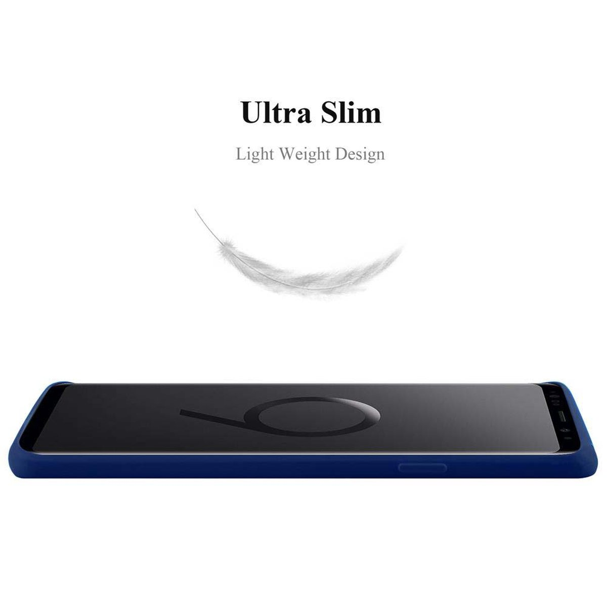 Custodia per telefono blu con il testo 'Ultra Slim' e una grafica a forma di piuma su sfondo bianco.