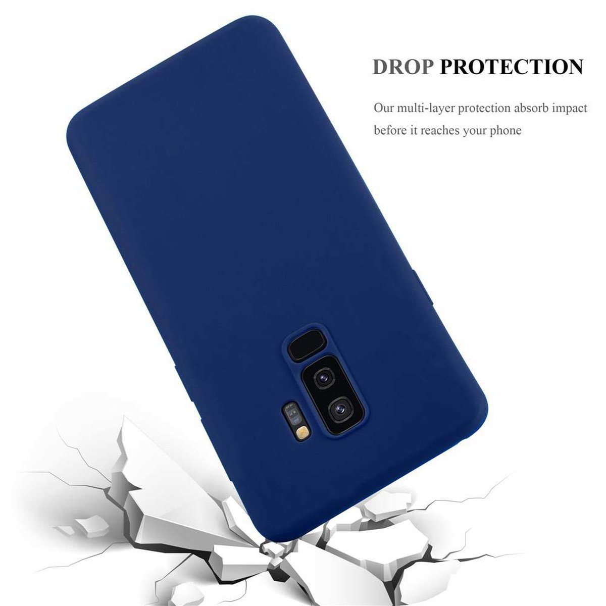 Una custodia blu scuro per telefono cade, colpisce una superficie e la rompe. Testo: Protezione dalle cadute.