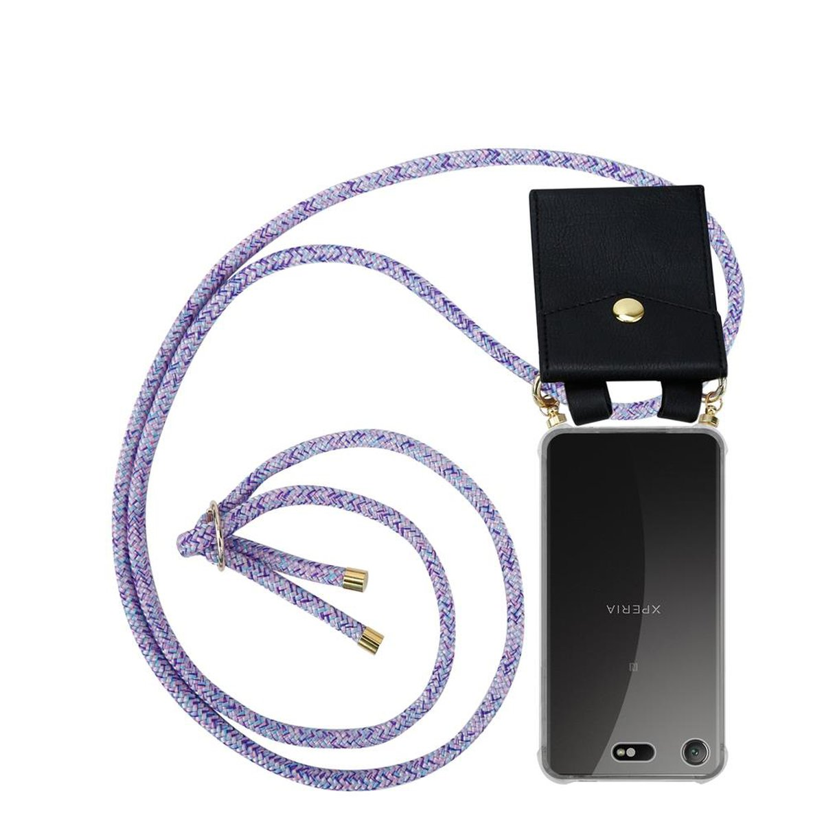 Handyhülle mit lila und weißem Lanyard, schwarzer Hülle und Telefon.