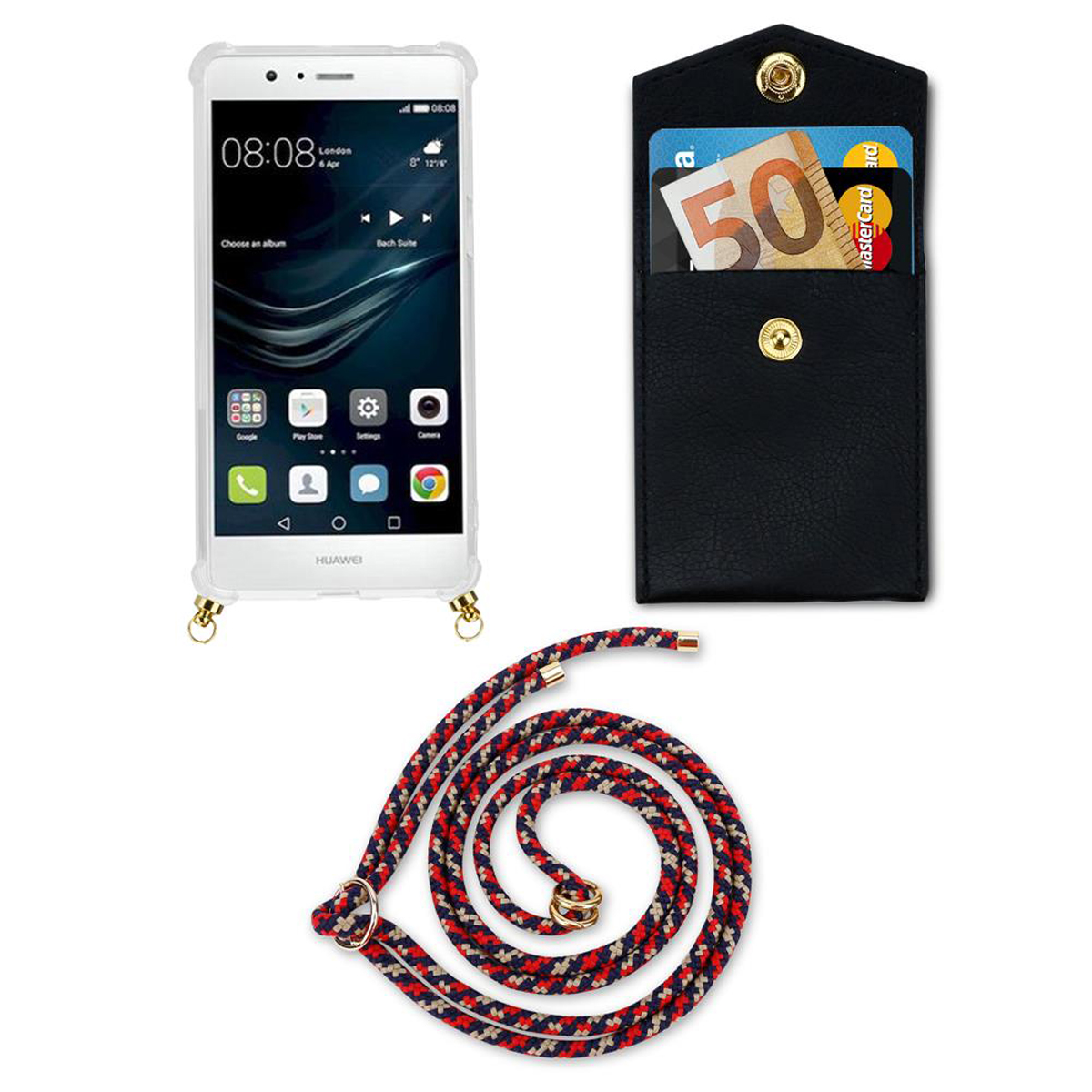 Telefon, schwarzer Kartenhalter und Schlüsselband. 50-Euro-Schein im Kartenhalter. Weißer Hintergrund.