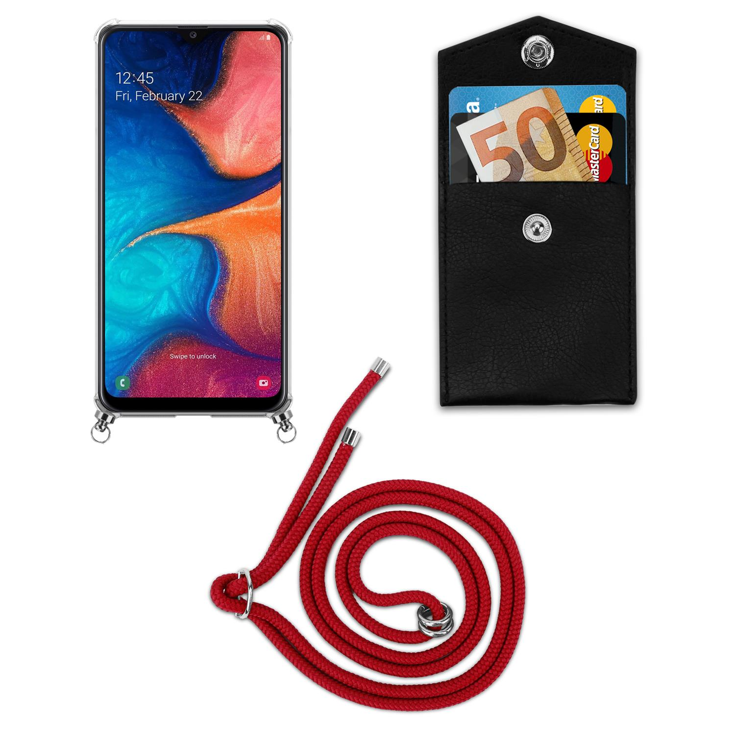 Telefono in custodia trasparente, portafoglio nero con carte, cordino rosso con anello.