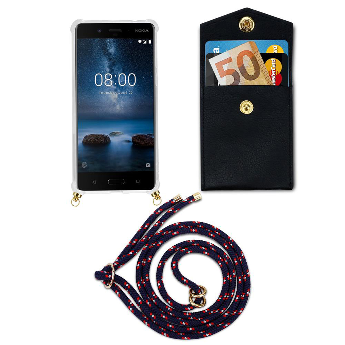 Telefon- und Hüllen-Set. Ein Nokia-Telefon wird in einer Hülle mit separater Geldbörse und Schlüsselband gezeigt.