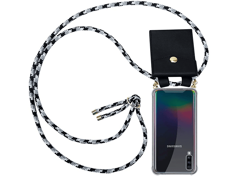 CADORABO Handy Kette mit Gold Ringen, Kordel Band und abnehmbarer Hülle, Backcover, Samsung, Galaxy A70 / A70s, SCHWARZ CAMOUFLAGE