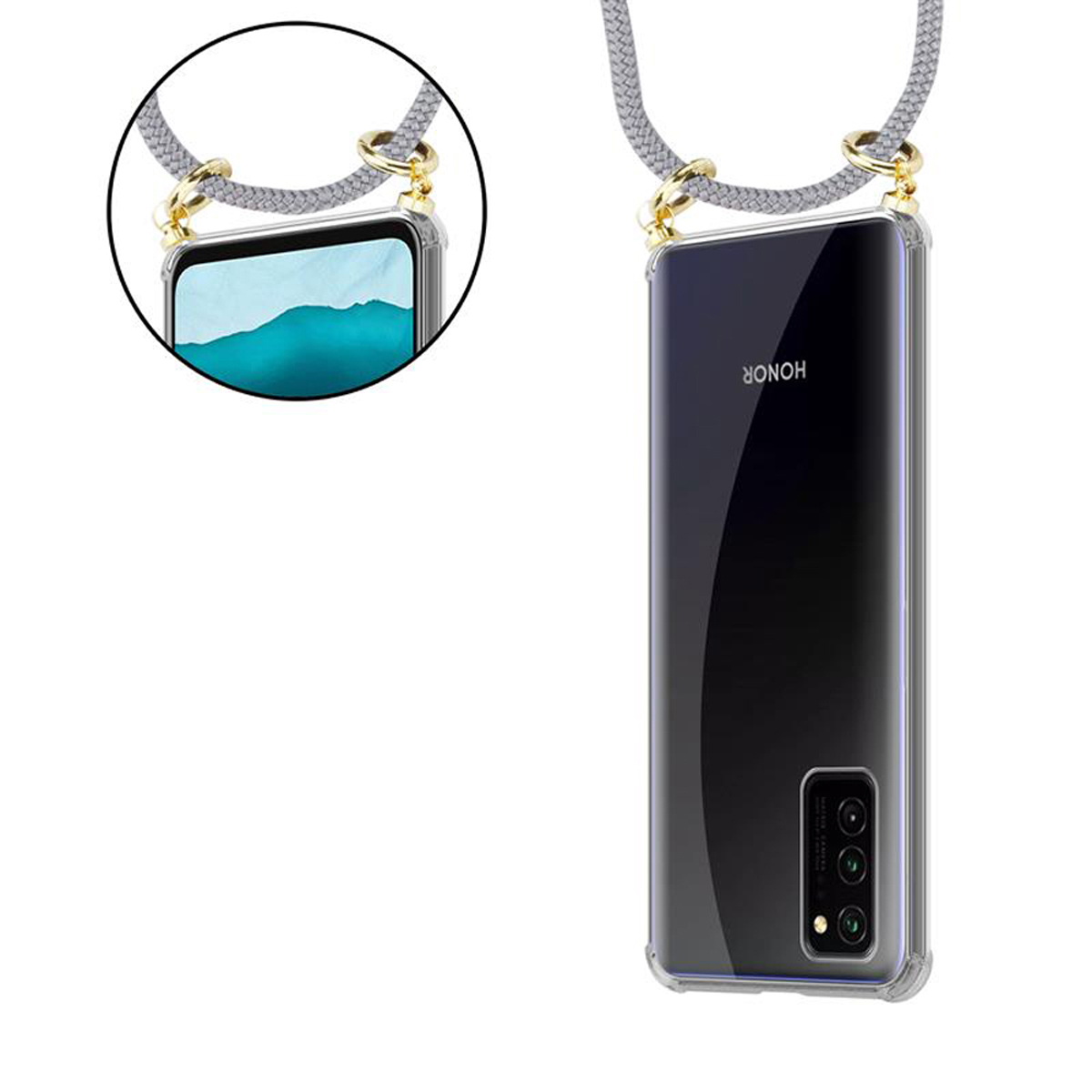 CADORABO Handy Kette Ringen, 30, mit GRAU und Gold SILBER abnehmbarer Hülle, Kordel Band View Honor, Backcover