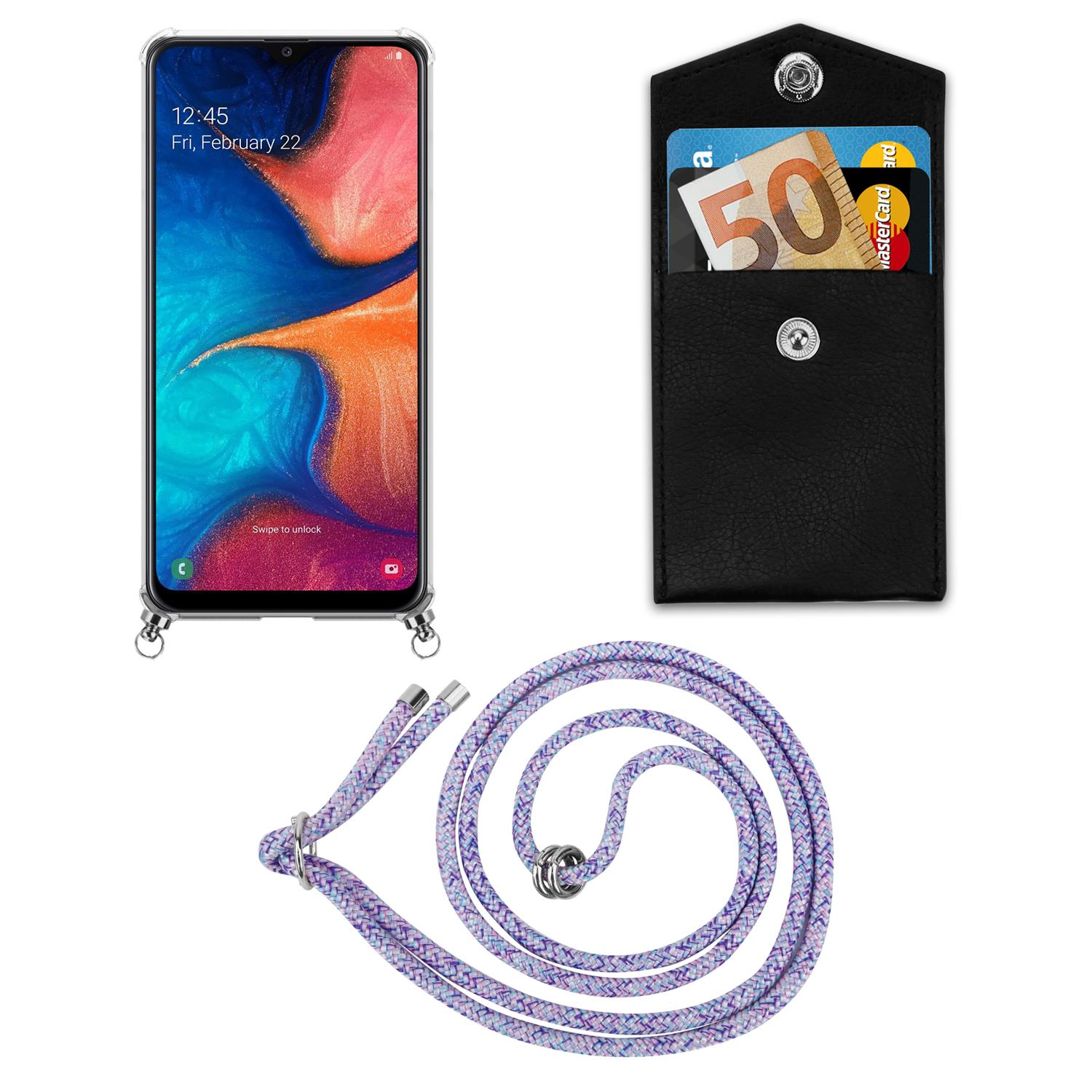 Un telefono, un porta carte con una banconota da 50 euro e un cordino viola per telefono sono esposti su una superficie bianca.