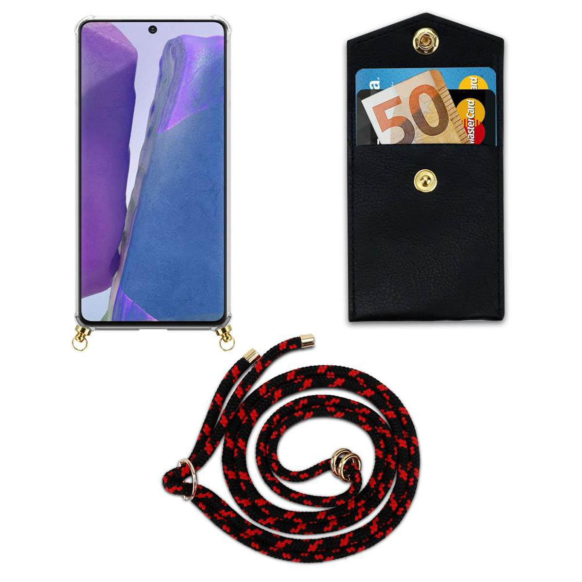 Un telefono con custodia nera e una custodia a portafoglio nera con contanti. Cordino rosso e nero attaccato.