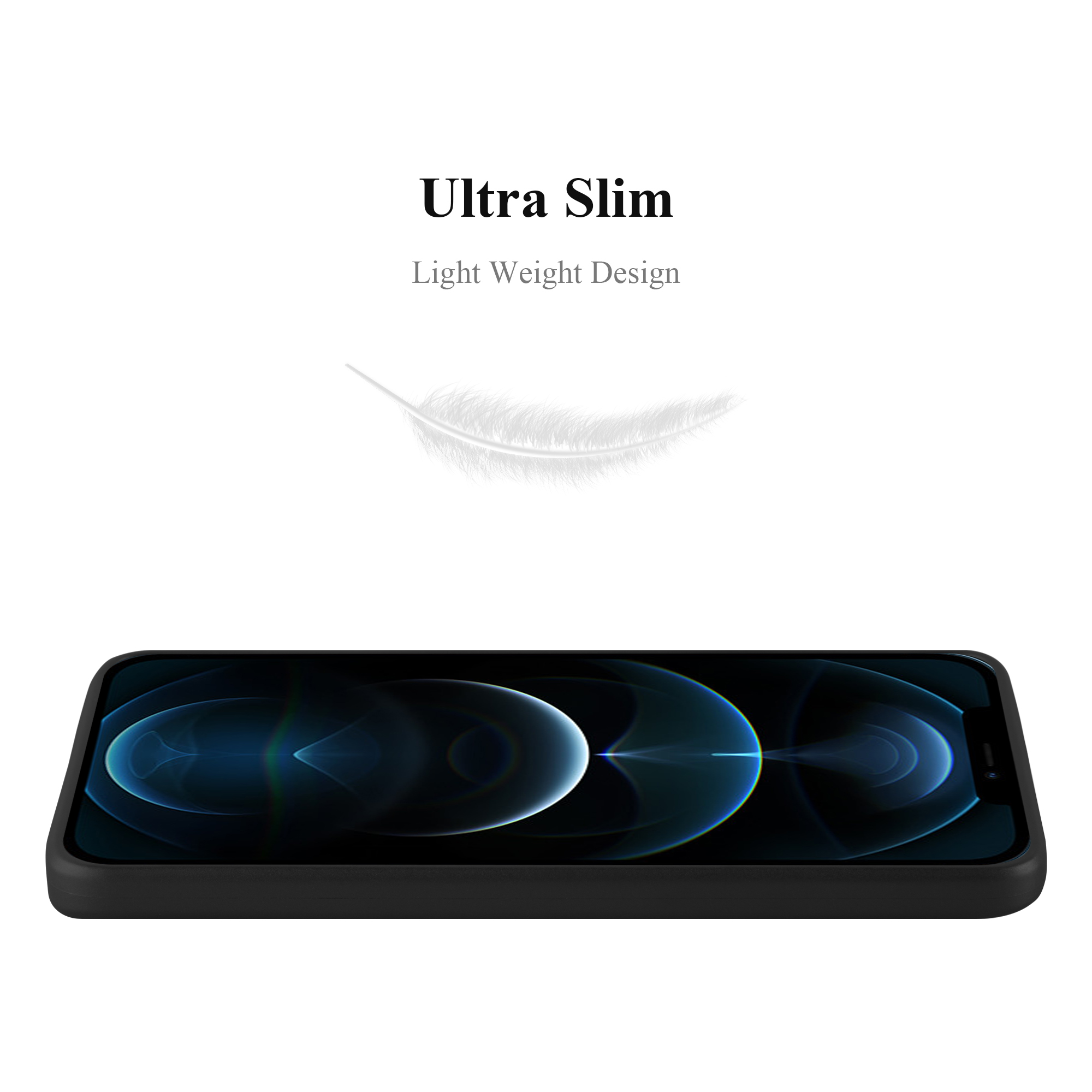 Custodia nera per telefono con il testo Ultra Slim e una grafica di piuma. Il telefono è dentro.