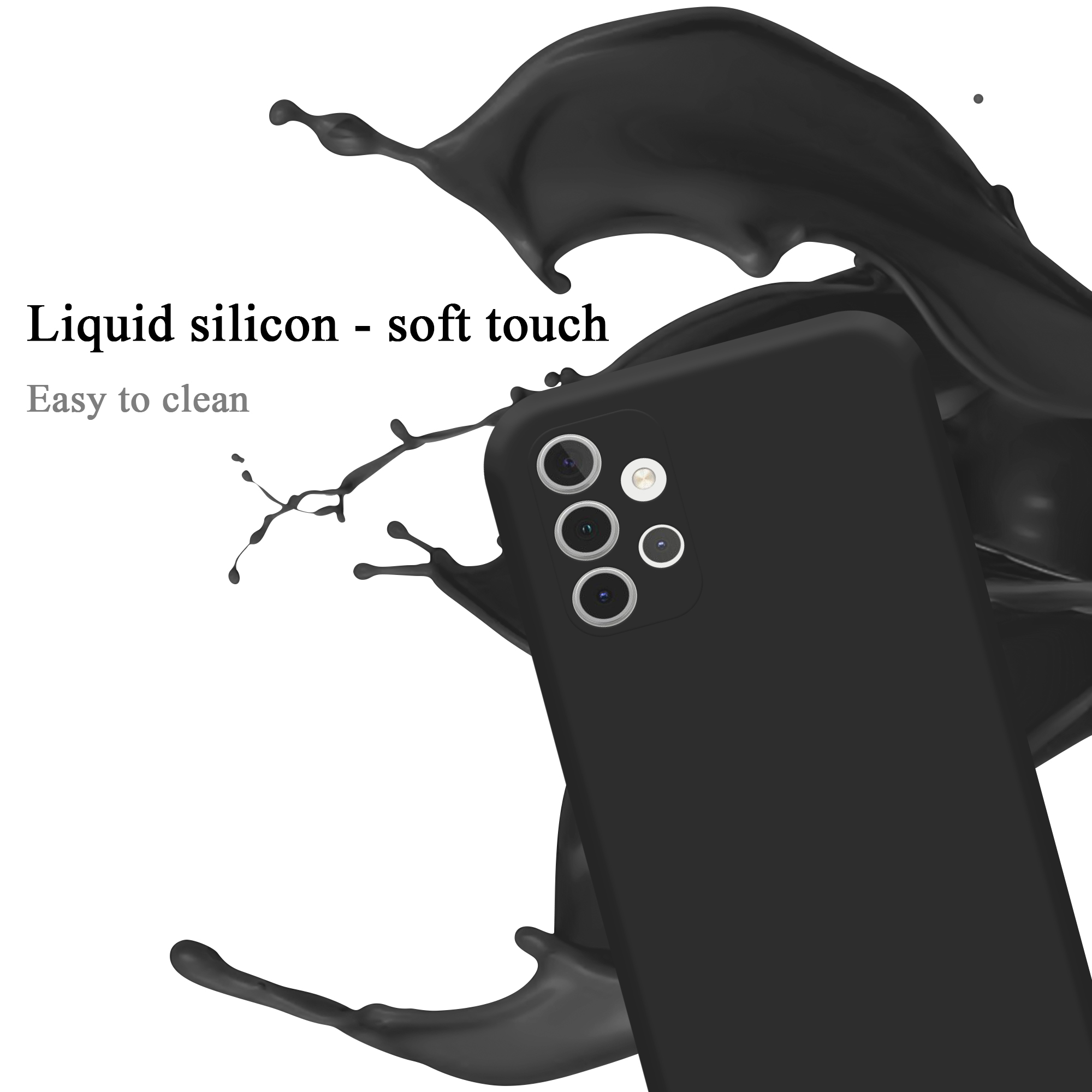 Eine schwarze Handyhülle mit einem schwarzen Spritzer. Text: Flüssiges Silikon - weiche Haptik, leicht zu reinigen.