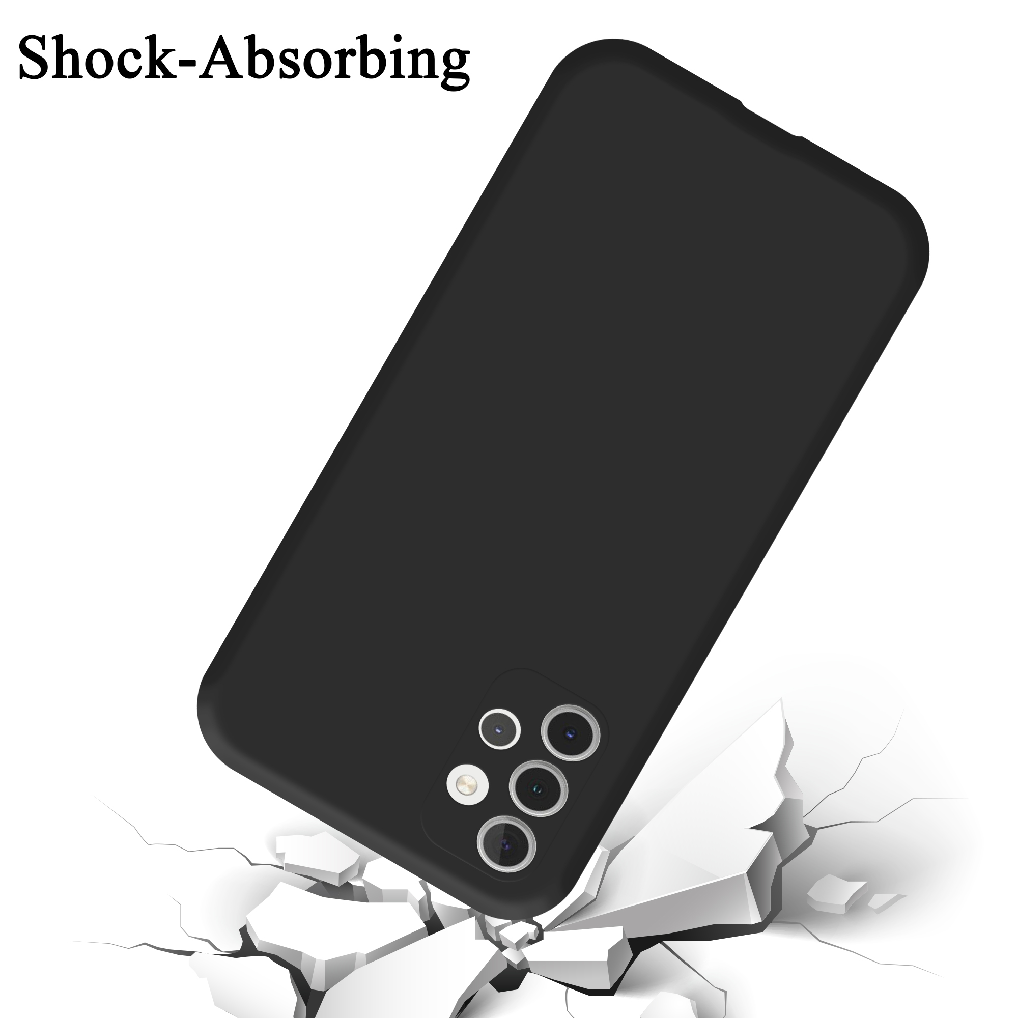 Schwarze Handyhülle fällt mit dem Text 'Shock-Absorbing'. Der Boden darunter reißt.