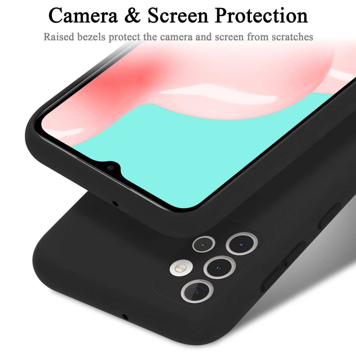 Schwarze Handyhülle mit Telefon. Rückseite zeigt Kamera. Text: Kamera- & Bildschirmschutz.