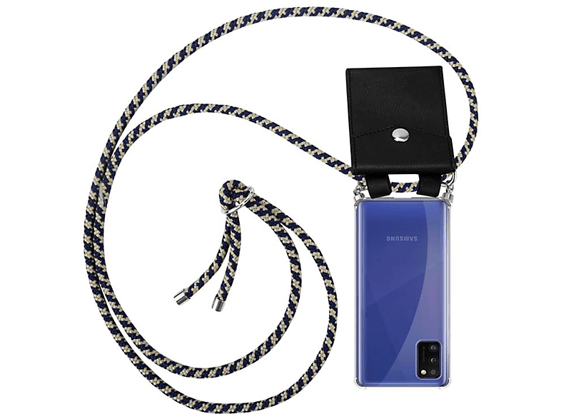 CADORABO Handy Kette mit abnehmbarer Samsung, Silber Kordel Band DUNKELBLAU Backcover, GELB Hülle, A41, und Galaxy Ringen