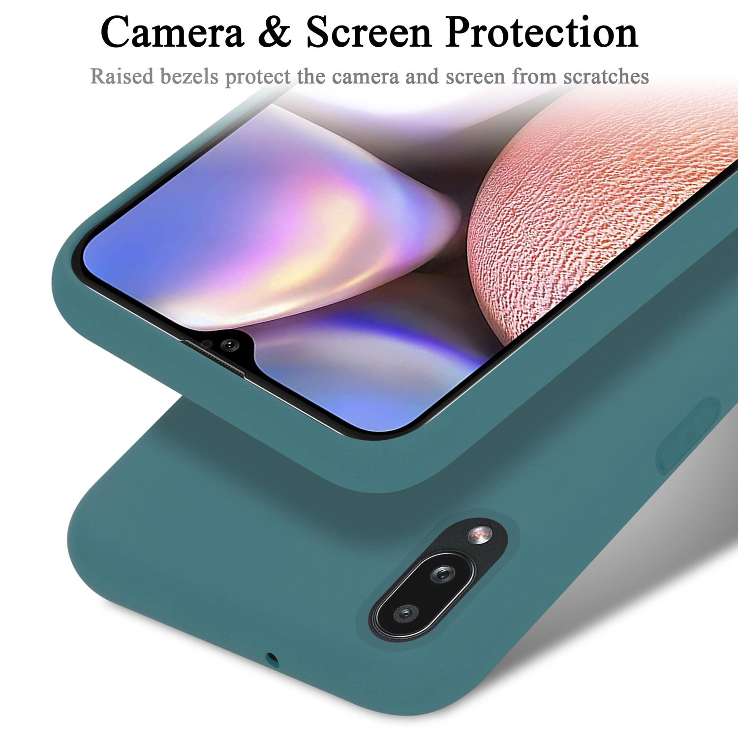 Türkisfarbene Handyhülle mit Telefon darin. Schutzdesign. Fokus auf Telefon und Hülle.