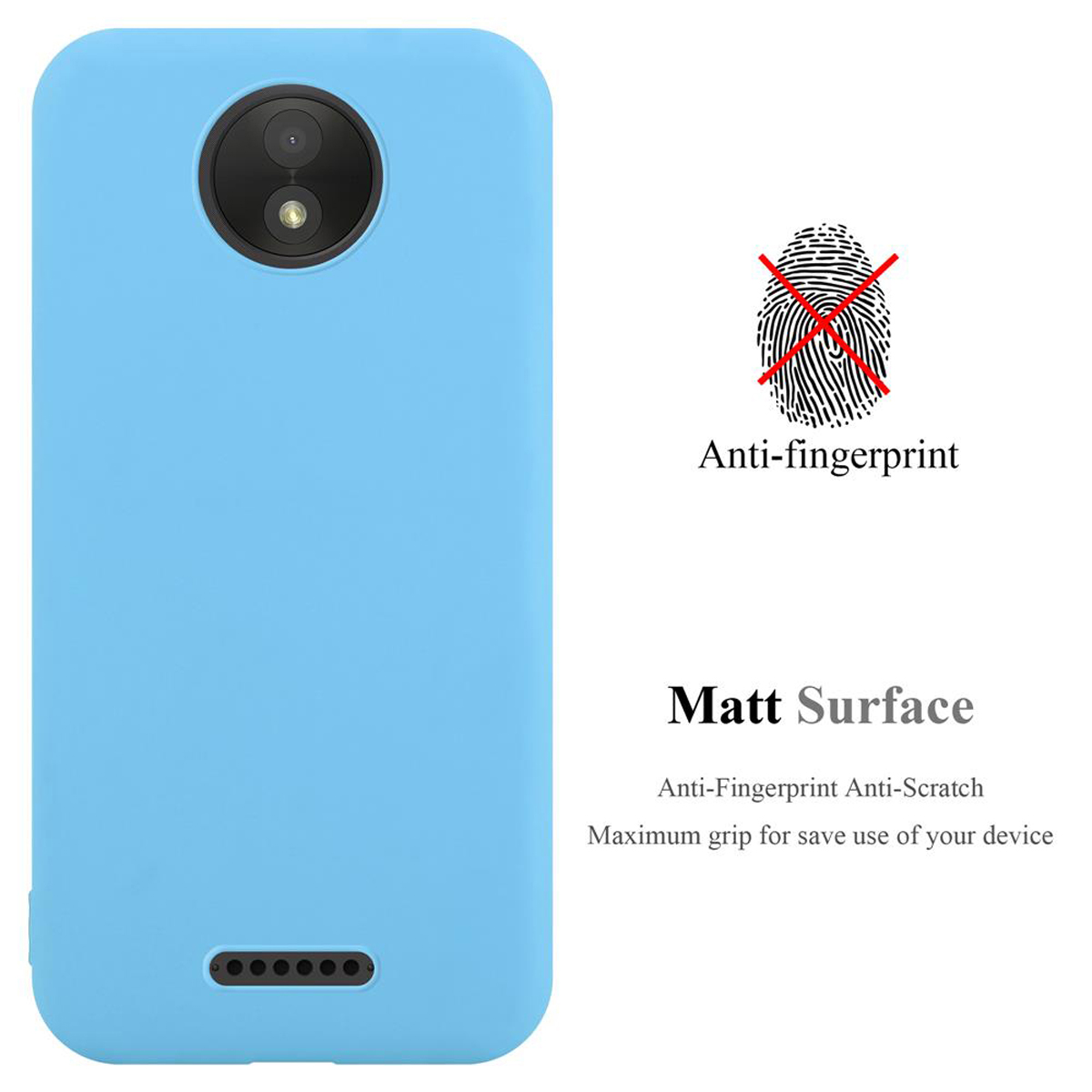 Custodia per telefono azzurra con fotocamera. Testo a destra: anti-impronta e superficie opaca.