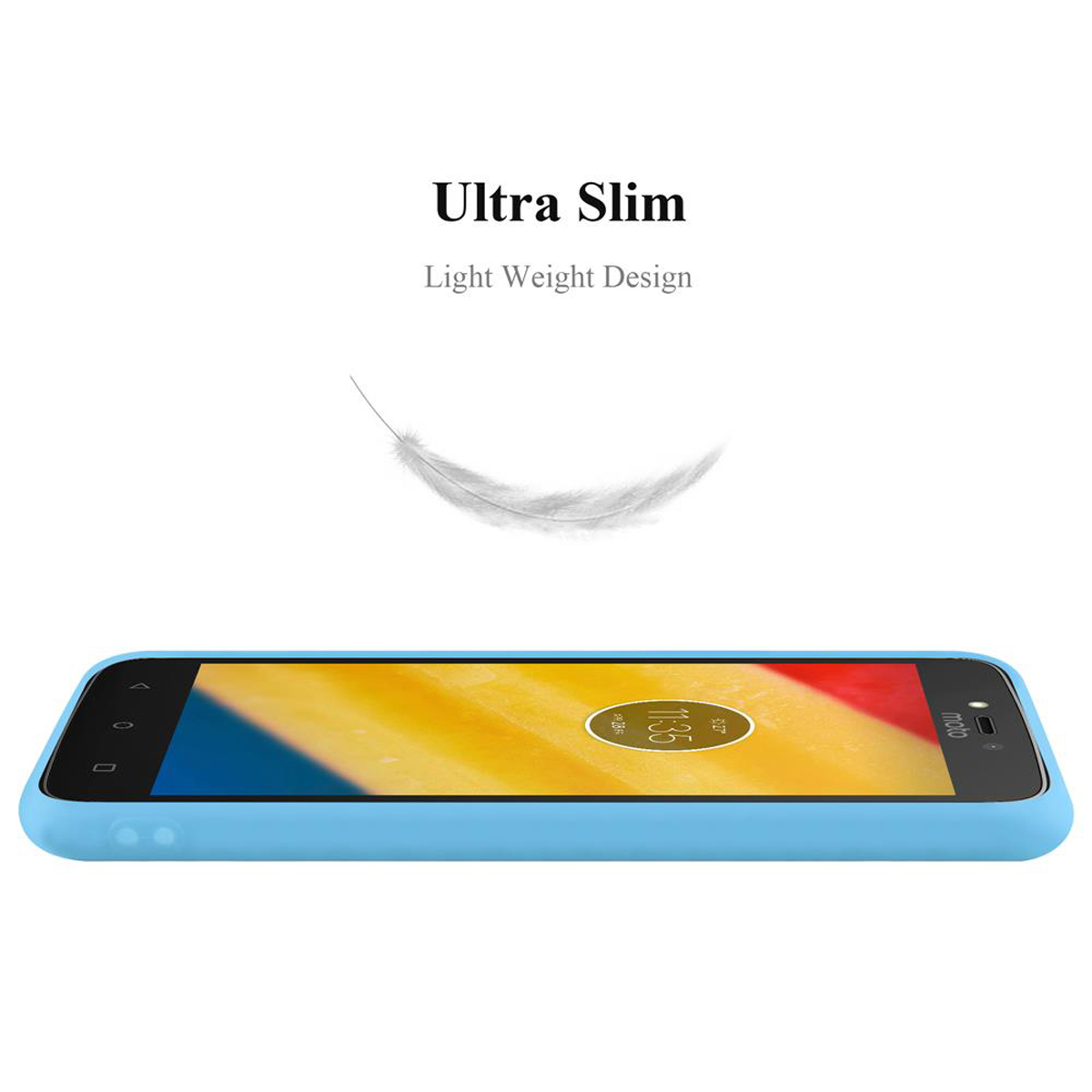 Custodia per telefono con schermo. Piuma leggera sullo sfondo. Design ultra sottile.