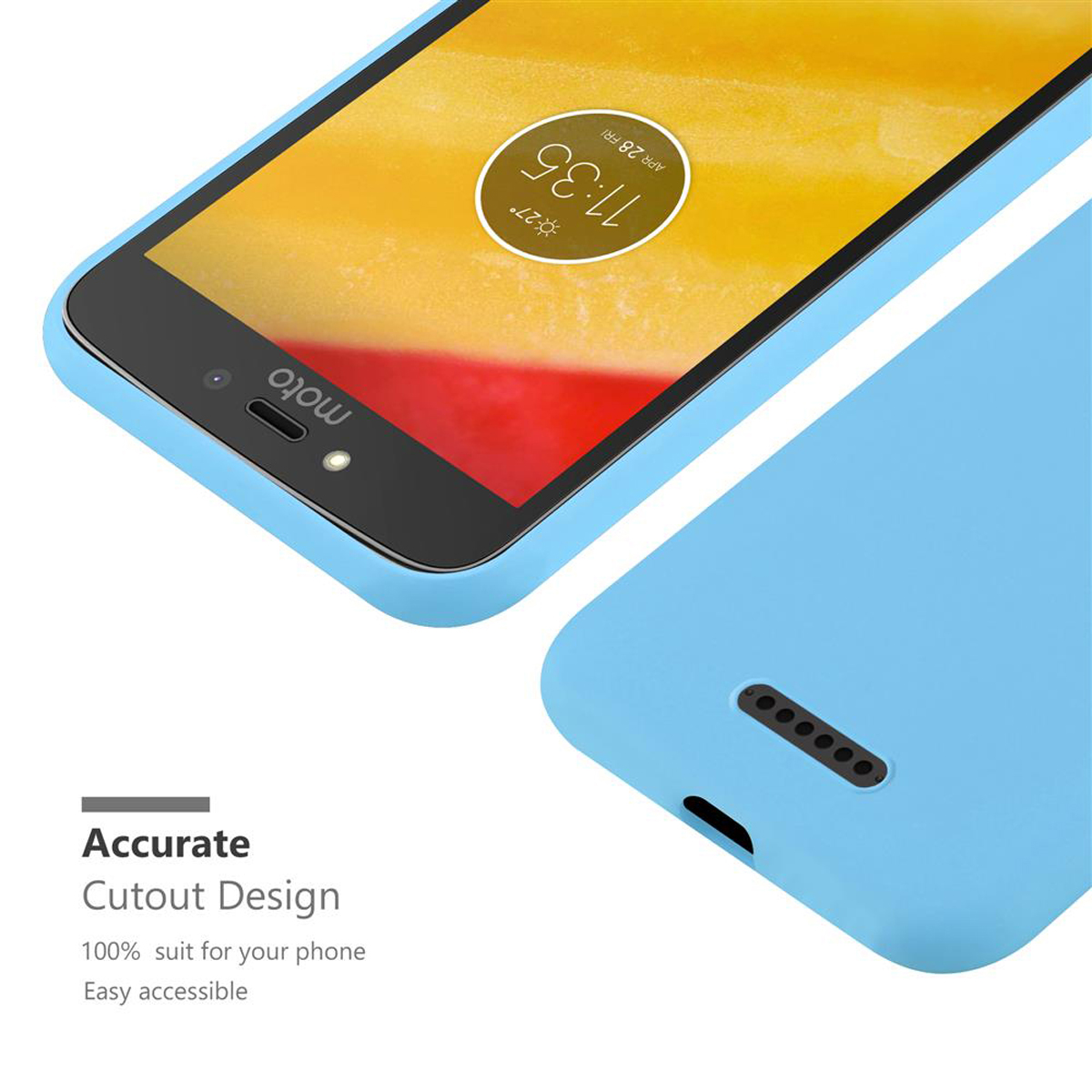 Custodia per telefono blu con un telefono all'interno. Testo: Design preciso del ritaglio, adatto al 100% al tuo telefono.