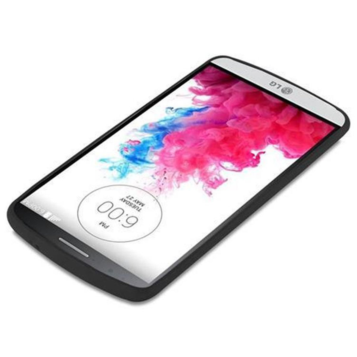 Ein Telefon mit schwarzem Gehäuse und einer Anzeige, die Uhrzeit und Datum anzeigt.