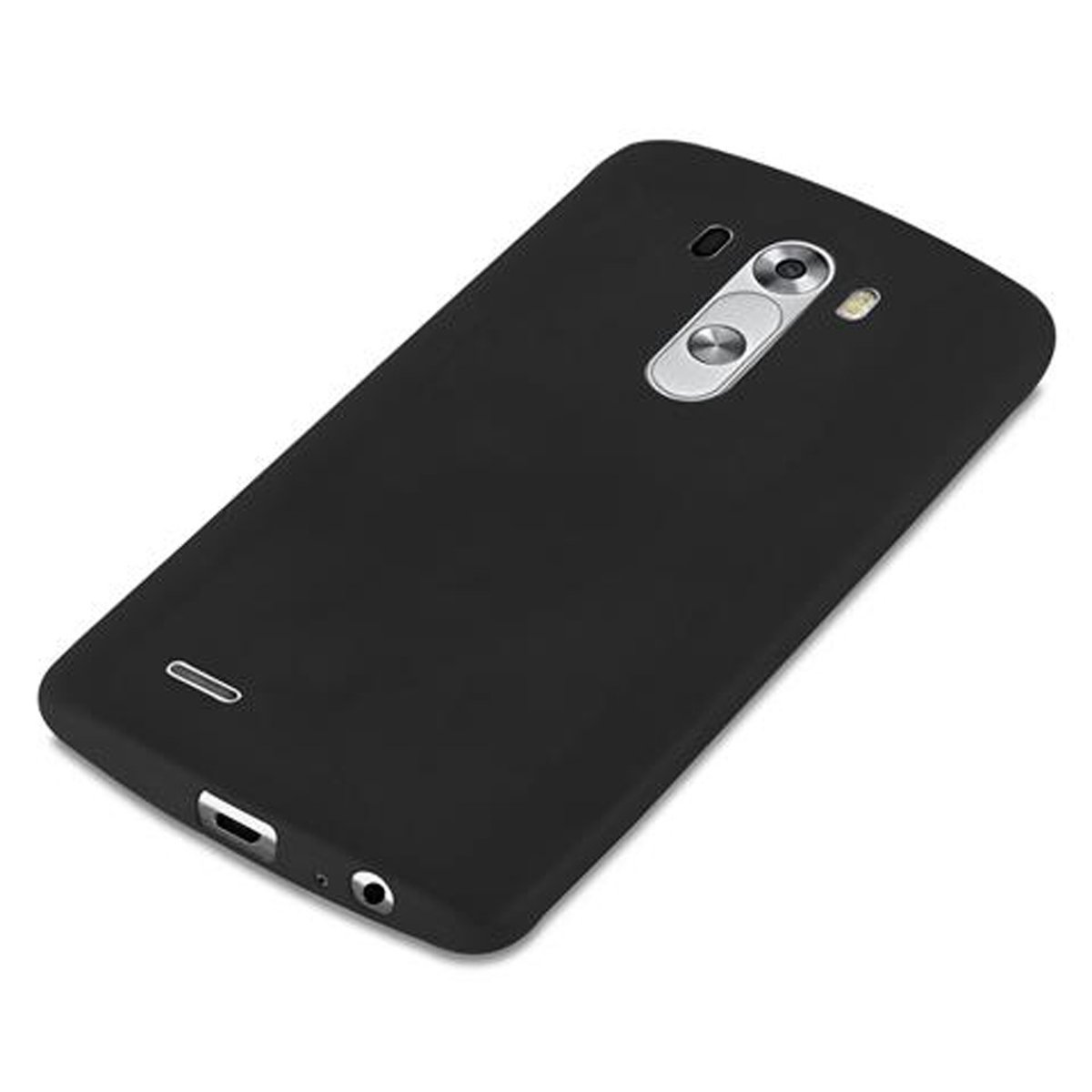 Schwarze Handyhülle. Das Telefon befindet sich in vertikaler Position.