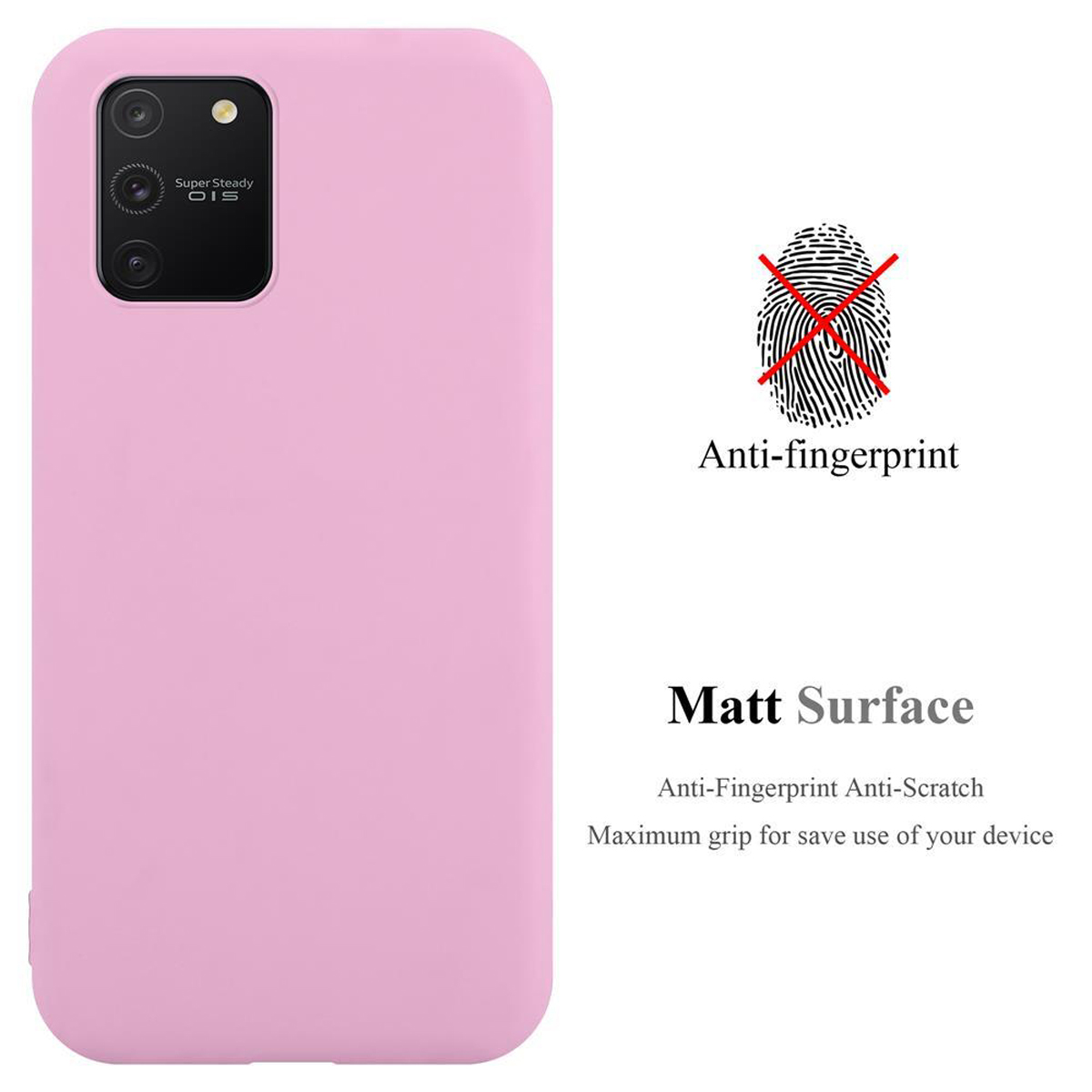 Custodia per telefono rosa. Il testo menziona anti-impronte e una superficie opaca. Un'icona di impronta digitale è sbarrata.