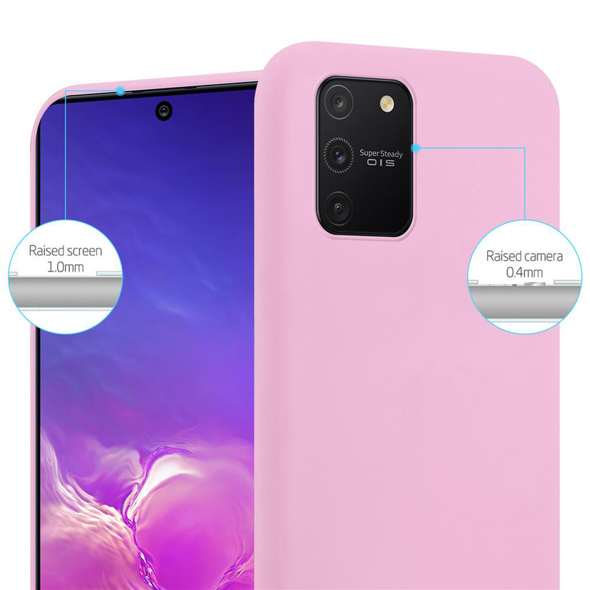 Primo piano di una custodia per telefono rosa. Mostra i dettagli della fotocamera e dello schermo.