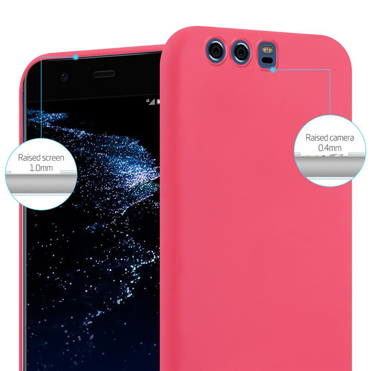 Una custodia per telefono rosa è mostrata con etichette sullo schermo e la fotocamera rialzati. Lo sfondo è bianco.