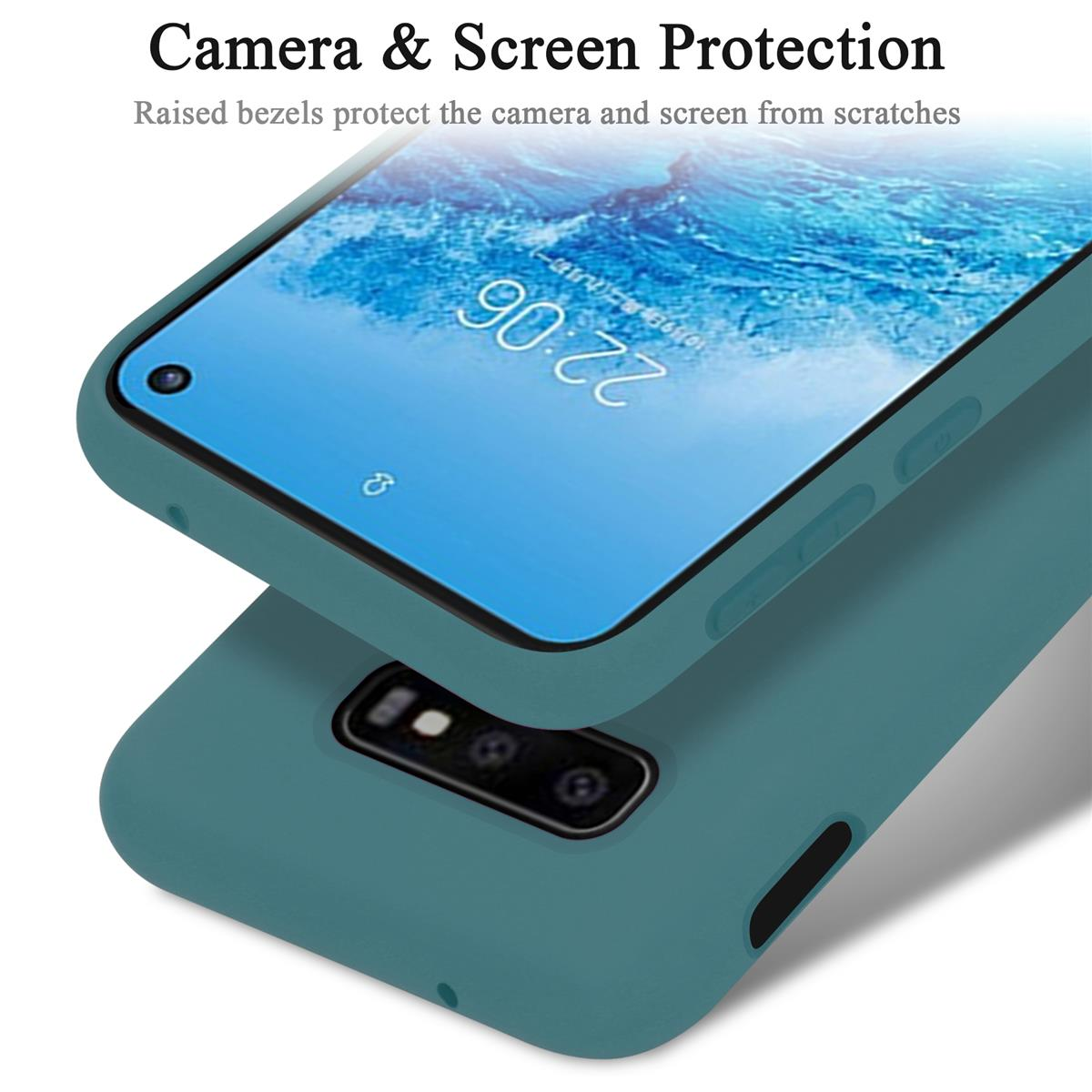 Ein Telefon in einer teal-farbenen Hülle. Der Bildschirm zeigt eine Digitaluhr und einen wasserartigen Hintergrund.