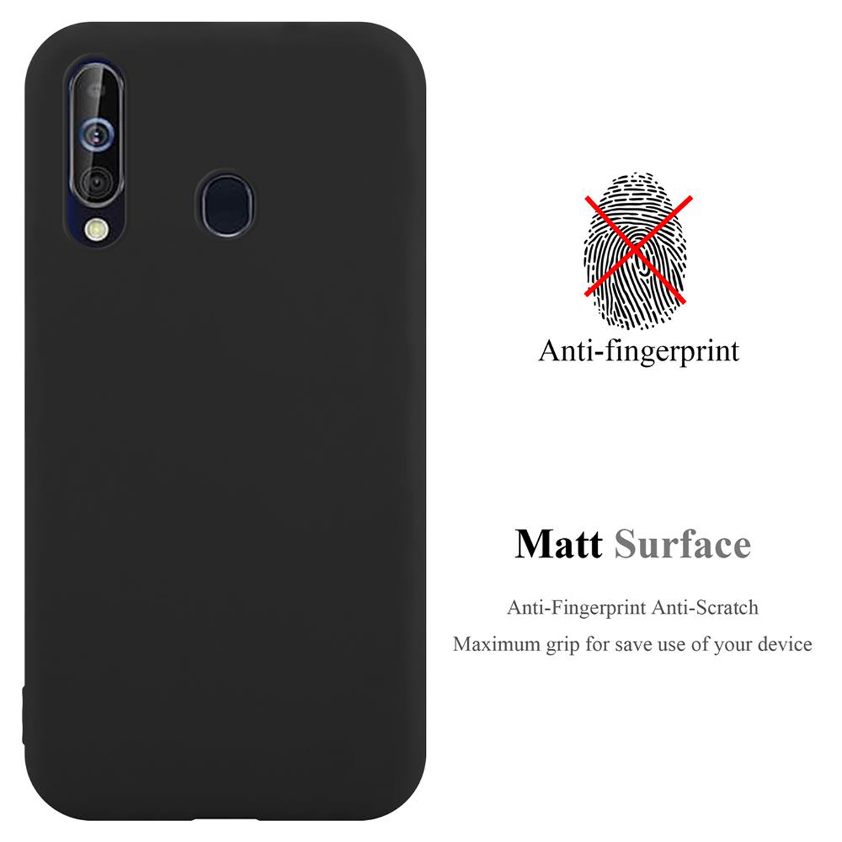 Custodia nera per telefono con fotocamera. Il testo dice anti-impronta e superficie opaca.