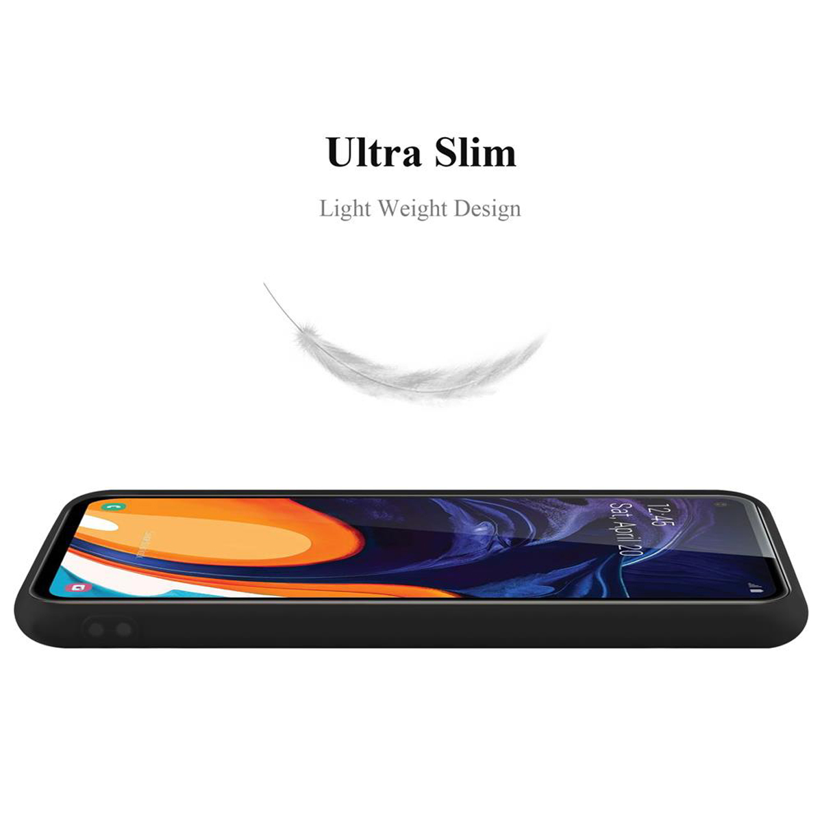 Telefono in custodia nera su un tavolo. Una piuma è sopra il telefono. Il testo dice Ultra Slim.