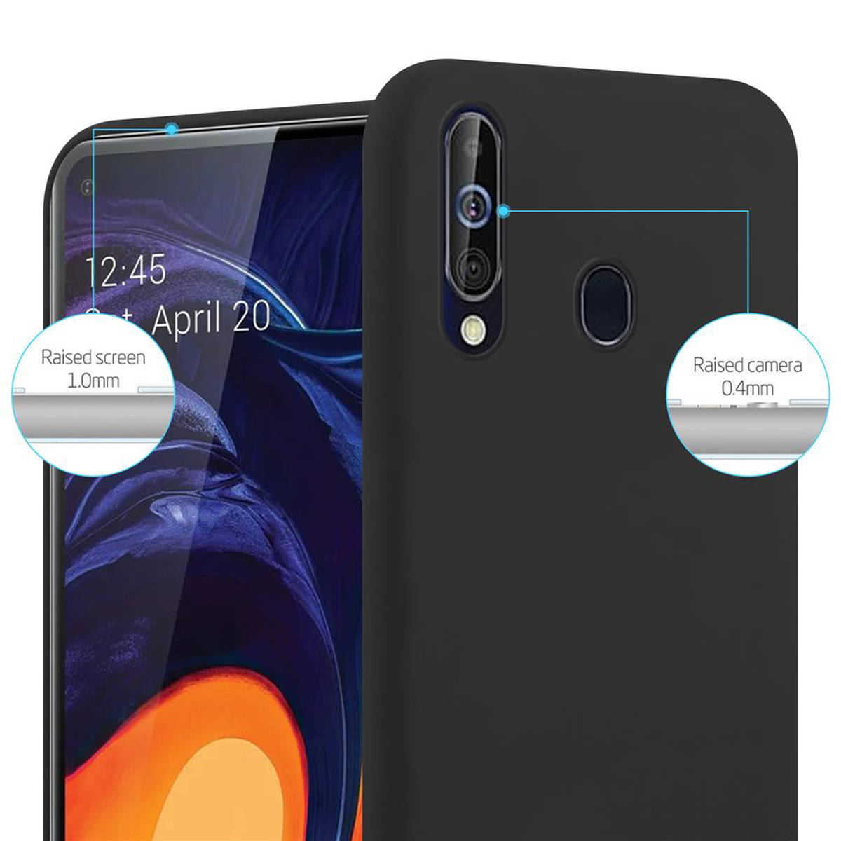 Una custodia nera per telefono su un telefono nero. Le annotazioni mostrano la protezione dello schermo e del bordo della fotocamera. Il telefono è a fuoco.