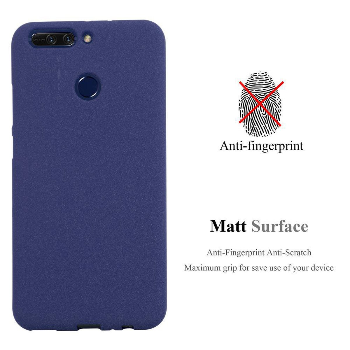 Custodia per telefono blu navy con funzione anti-impronta. Testo: Superficie opaca.